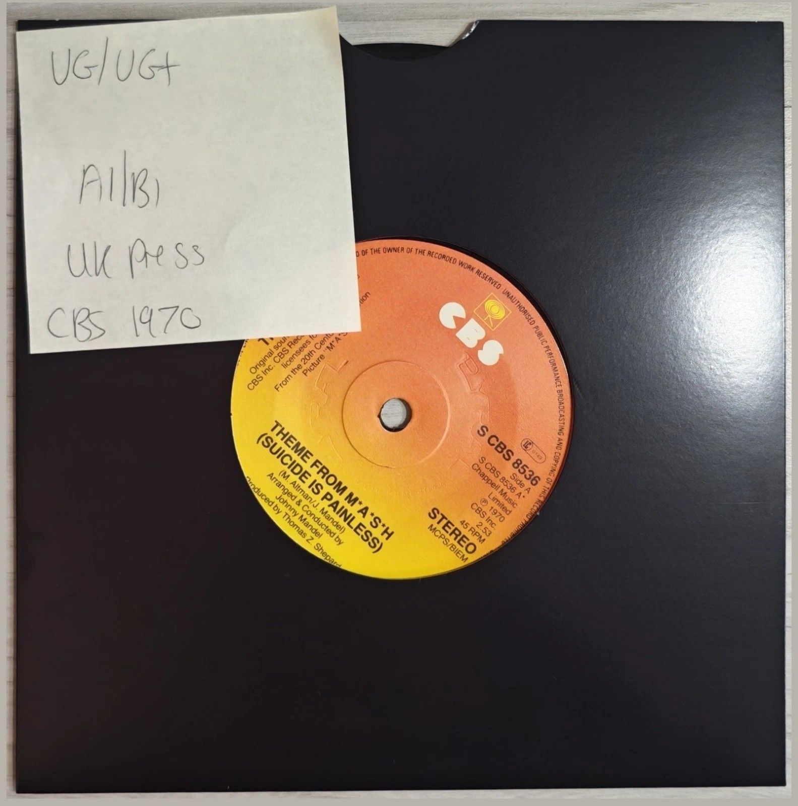 The Mash Theme From M*A*S*H Vinyl Record 7" VG/VG+ S CBS 8536 1970 vinyl record sleeve The Mash Theme From M*A*S*H Vinyl Record 7" VG/VG+ S CBS 8536 1970 vinyl record sleeve