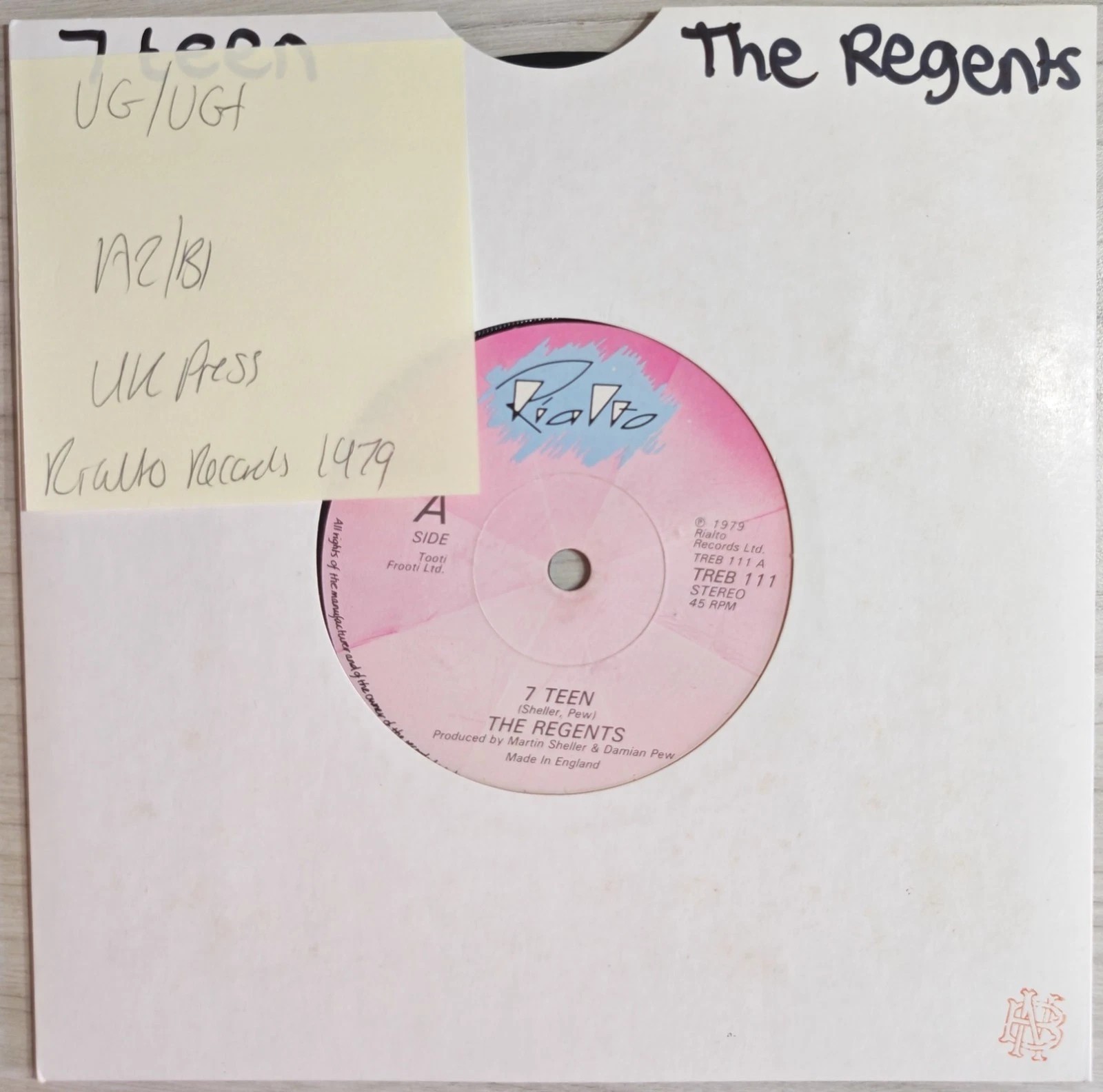 The Regents 7 Teen Vinyl Record 7" VG/VG+ TREB 111 1979 vinyl record sleeve The Regents 7 Teen Vinyl Record 7" VG/VG+ TREB 111 1979 vinyl record sleeve