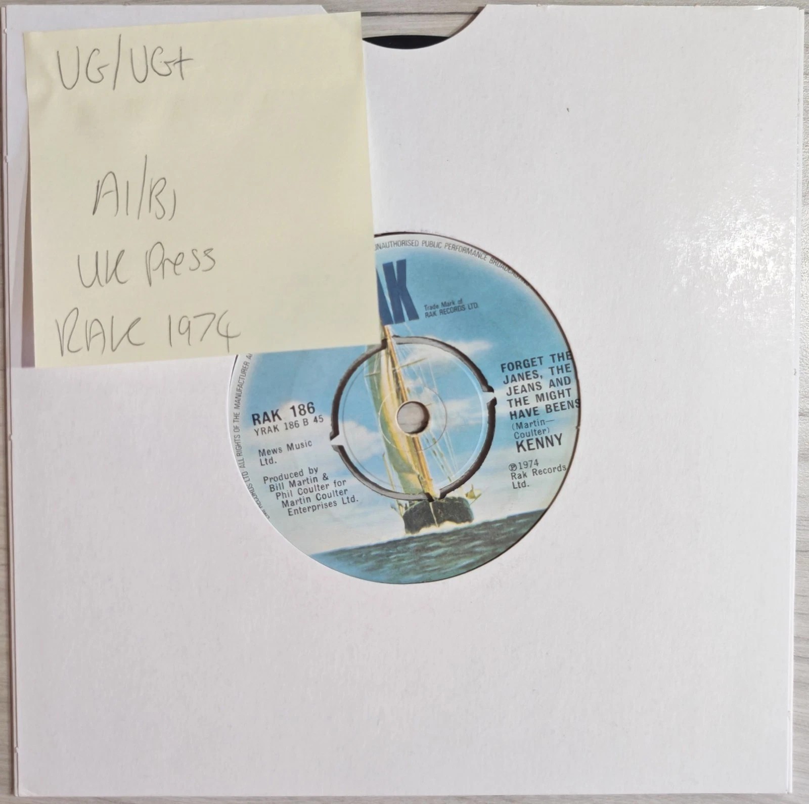 Kenny The Bump Vinyl Record 7" VG/VG+ RAK 186 1974 vinyl record sleeve Kenny The Bump Vinyl Record 7" VG/VG+ RAK 186 1974 vinyl record sleeve