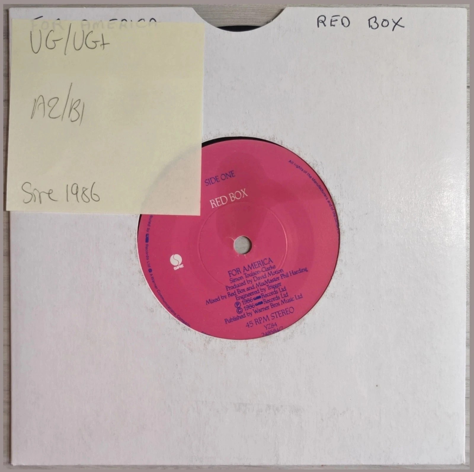 Red Box For America Vinyl Record 7" VG/VG+ YZ 84 1986 vinyl record sleeve Red Box For America Vinyl Record 7" VG/VG+ YZ 84 1986 vinyl record sleeve