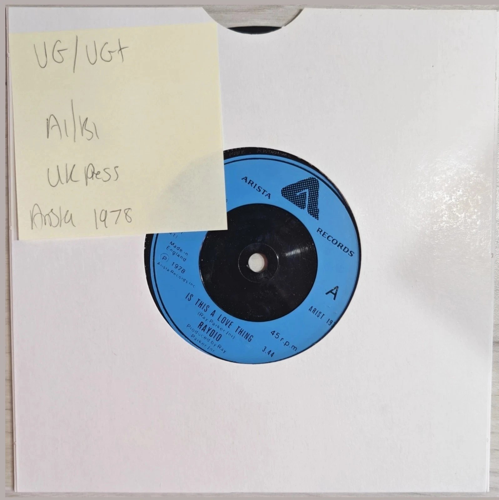 Raydio Is This A Love Thing Vinyl Record 7" VG/VG+ ARIST 193 1978 vinyl record sleeve Raydio Is This A Love Thing Vinyl Record 7" VG/VG+ ARIST 193 1978 vinyl record sleeve