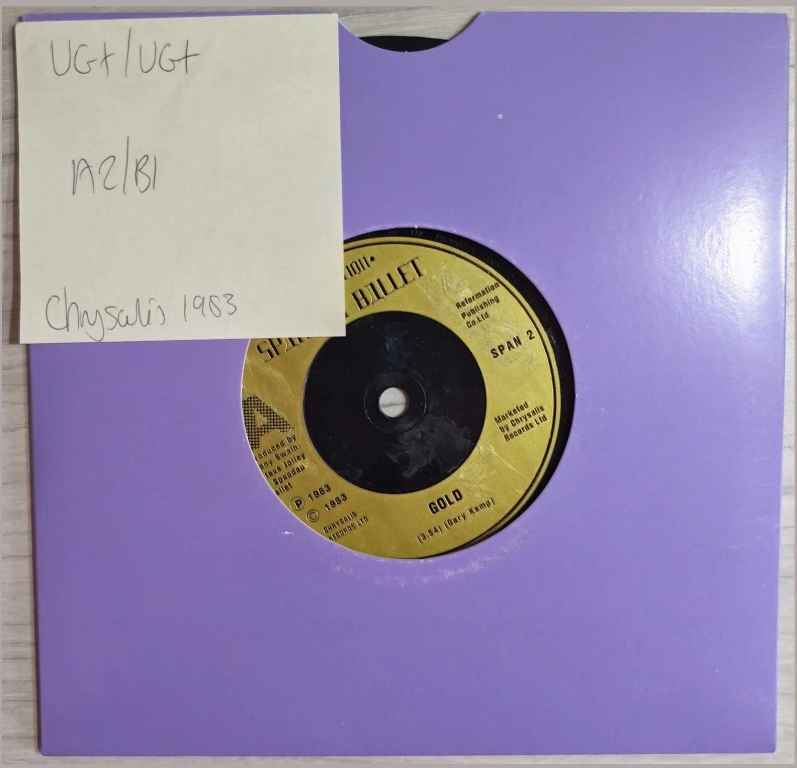 Spandau Ballet Gold Vinyl Record 7" VG+/VG+ SPAN 2 1983 vinyl record sleeve Spandau Ballet Gold Vinyl Record 7" VG+/VG+ SPAN 2 1983 vinyl record sleeve