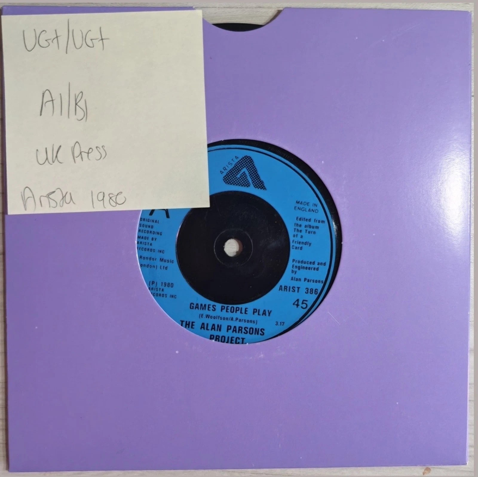 Alan Parsons Project Games People Play Vinyl Record 7" VG+/VG+ ARIST 386 1980 vinyl record sleeve Alan Parsons Project Games People Play Vinyl Record 7" VG+/VG+ ARIST 386 1980 vinyl record sleeve