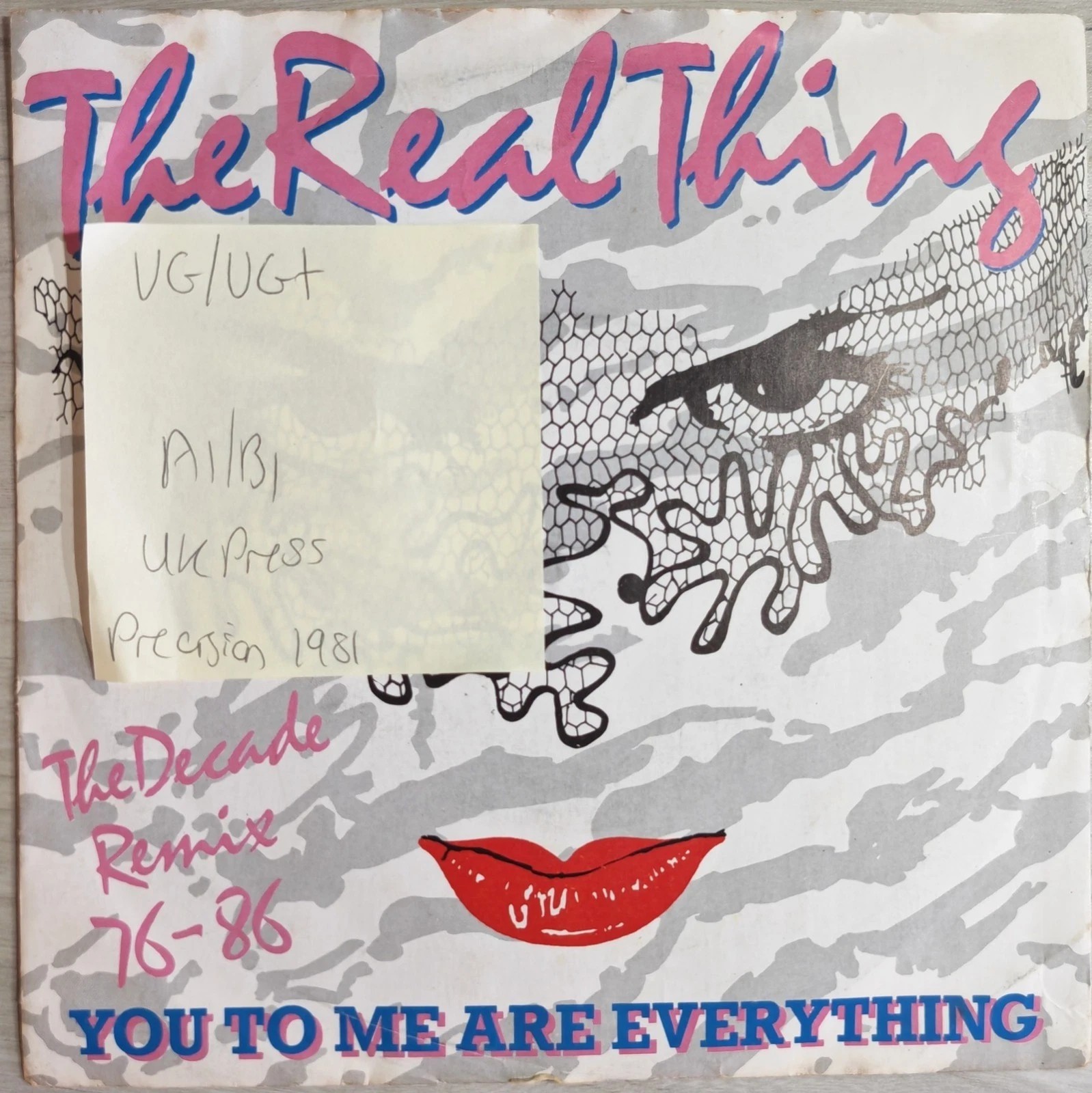 The Real Thing You To Me Are Everything Vinyl Record 7" VG/VG+ 7P 349 1986 vinyl record sleeve The Real Thing You To Me Are Everything Vinyl Record 7" VG/VG+ 7P 349 1986 vinyl record sleeve