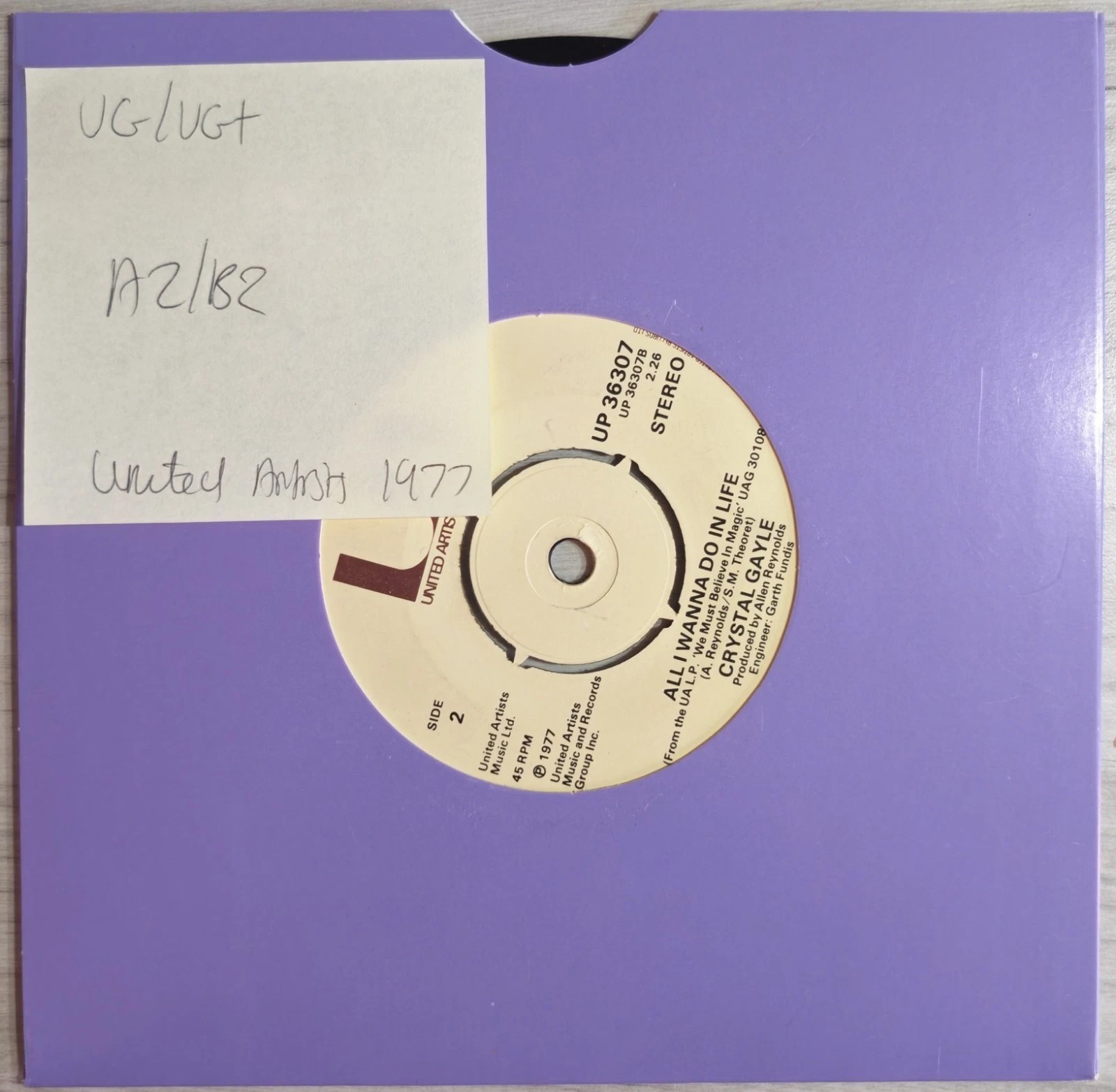 Crystal Gayle Don't It Make My Brown Eyes Vinyl Record 7" VG/VG+ UP 36307 1977 vinyl record sleeve Crystal Gayle Don't It Make My Brown Eyes Vinyl Record 7" VG/VG+ UP 36307 1977 vinyl record sleeve