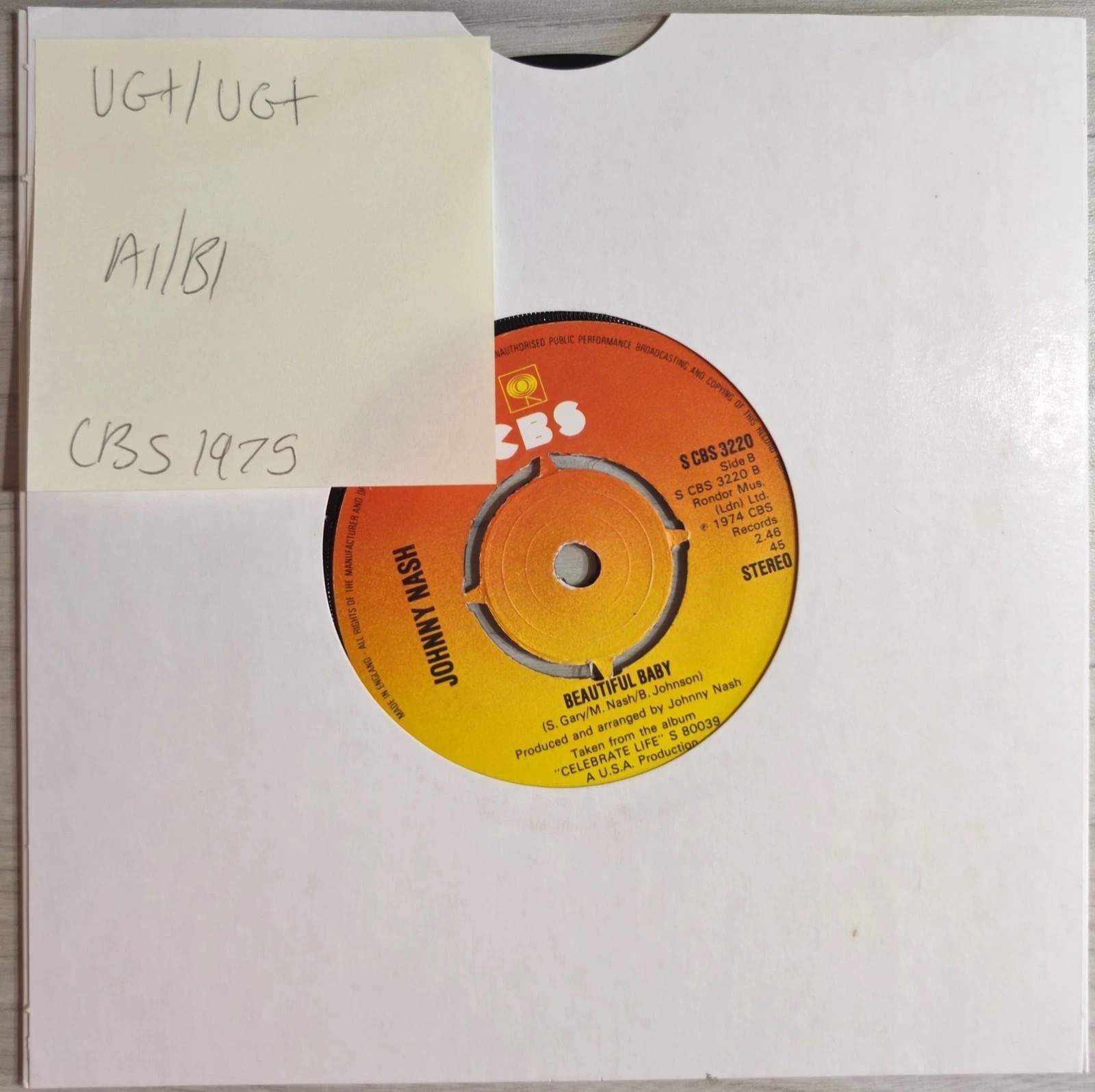 Johnny Nash Tears On My Pillow Vinyl Record 7" VG+/VG+ S CBS 3220 1975 vinyl record sleeve Johnny Nash Tears On My Pillow Vinyl Record 7" VG+/VG+ S CBS 3220 1975 vinyl record sleeve