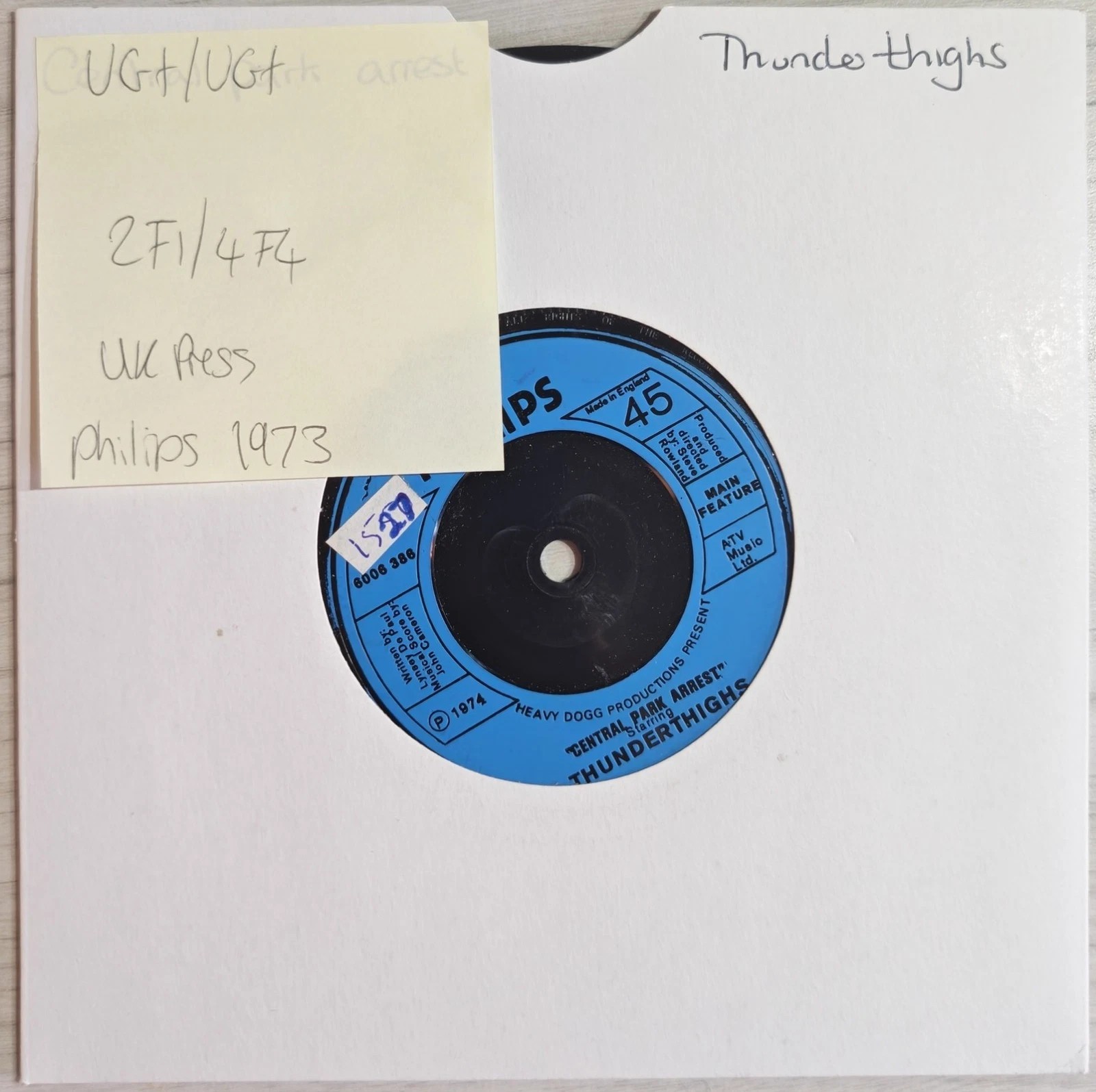 Thunderthighs Central Park Arrest Vinyl Record 7" VG+/VG+ 6006 386 1974 vinyl record sleeve Thunderthighs Central Park Arrest Vinyl Record 7" VG+/VG+ 6006 386 1974 vinyl record sleeve