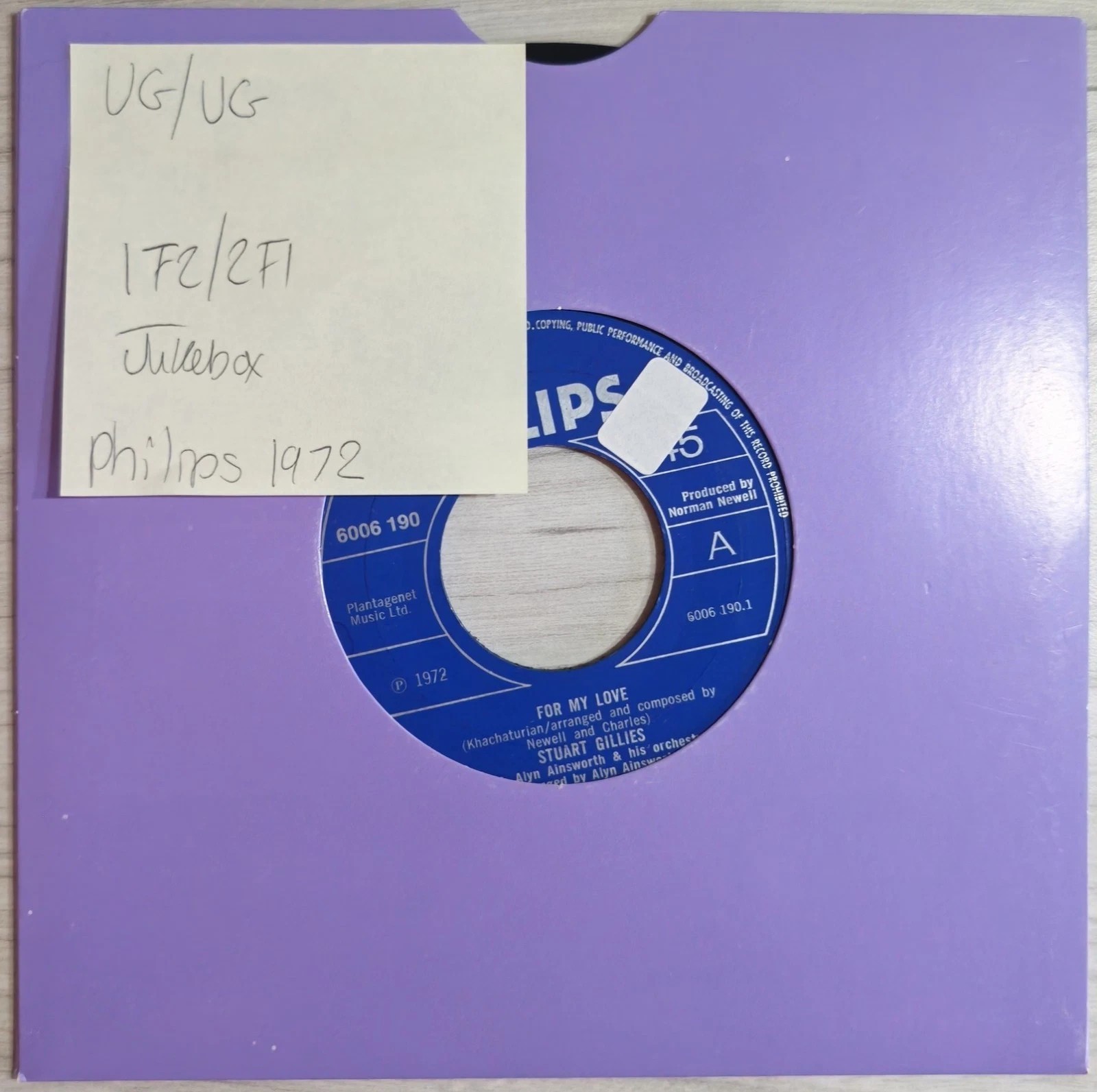 Stuart Gillies For My Love Vinyl Record 7" VG/VG 6006 190 1972 vinyl record sleeve Stuart Gillies For My Love Vinyl Record 7" VG/VG 6006 190 1972 vinyl record sleeve