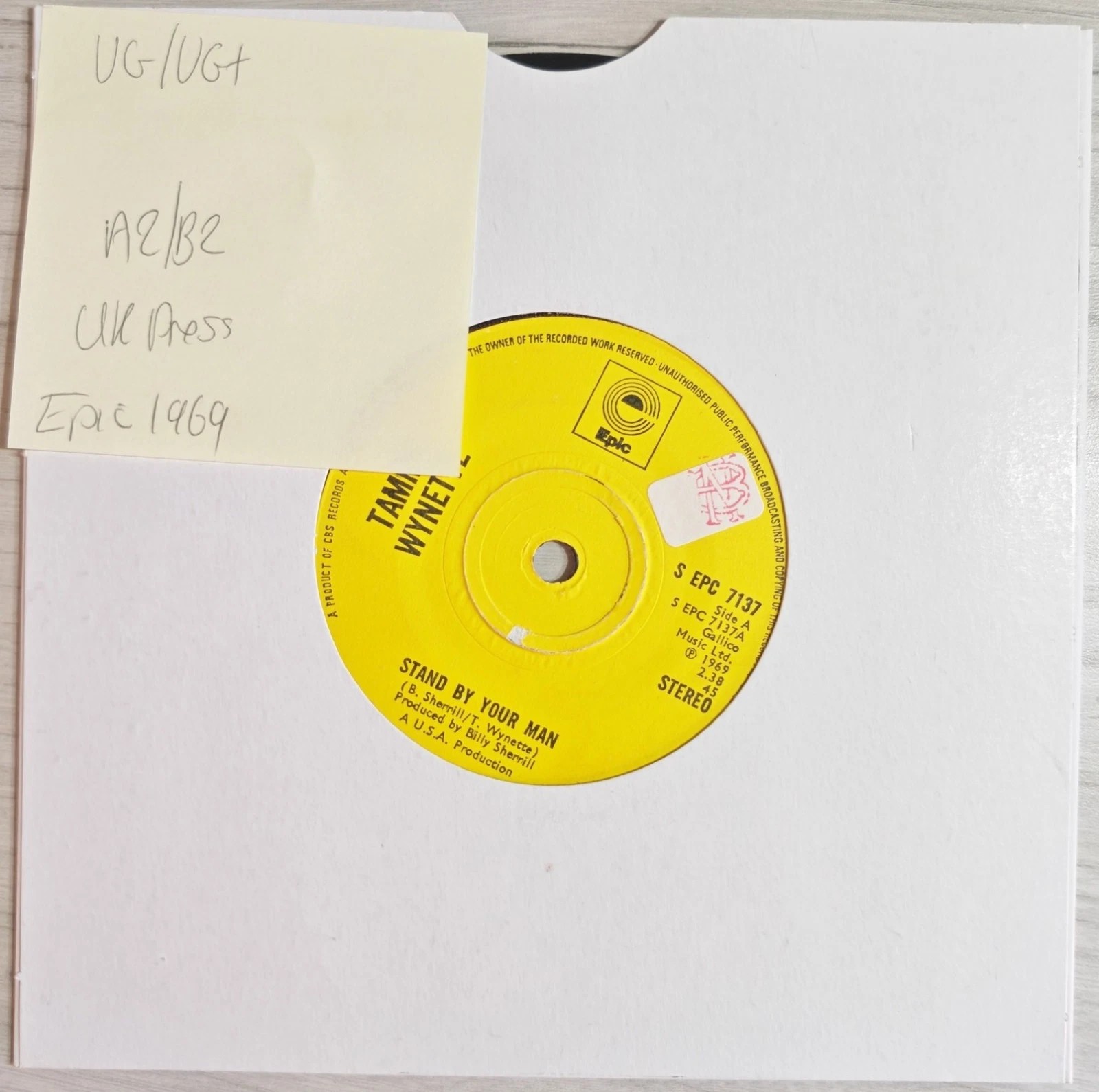 Tammy Wynette Stand By Your Man Vinyl Record 7" VG/VG+ S EPC 7137 1969 vinyl record sleeve Tammy Wynette Stand By Your Man Vinyl Record 7" VG/VG+ S EPC 7137 1969 vinyl record sleeve