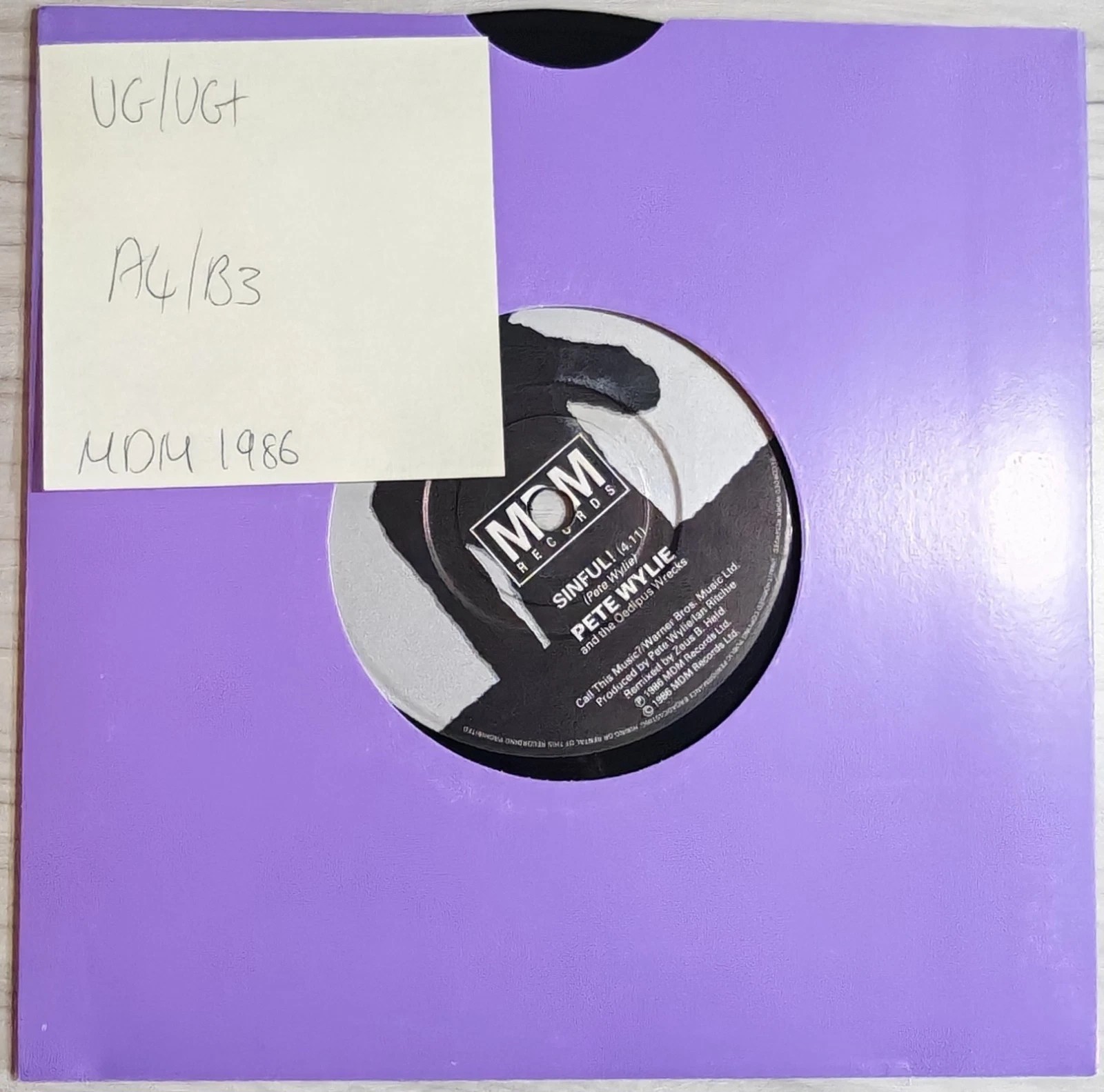 Pete Wylie & The Oedipus Wrecks Sinful! Vinyl Record 7" VG/VG+ MDM 7 1986 vinyl record sleeve Pete Wylie & The Oedipus Wrecks Sinful! Vinyl Record 7" VG/VG+ MDM 7 1986 vinyl record sleeve