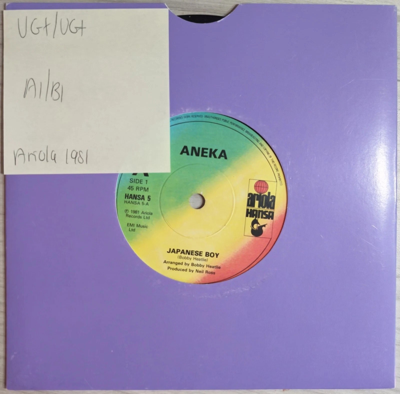 Aneka Japanese Boy Vinyl Record 7" VG+/VG+ HANSA 5 1981 vinyl record sleeve Aneka Japanese Boy Vinyl Record 7" VG+/VG+ HANSA 5 1981 vinyl record sleeve