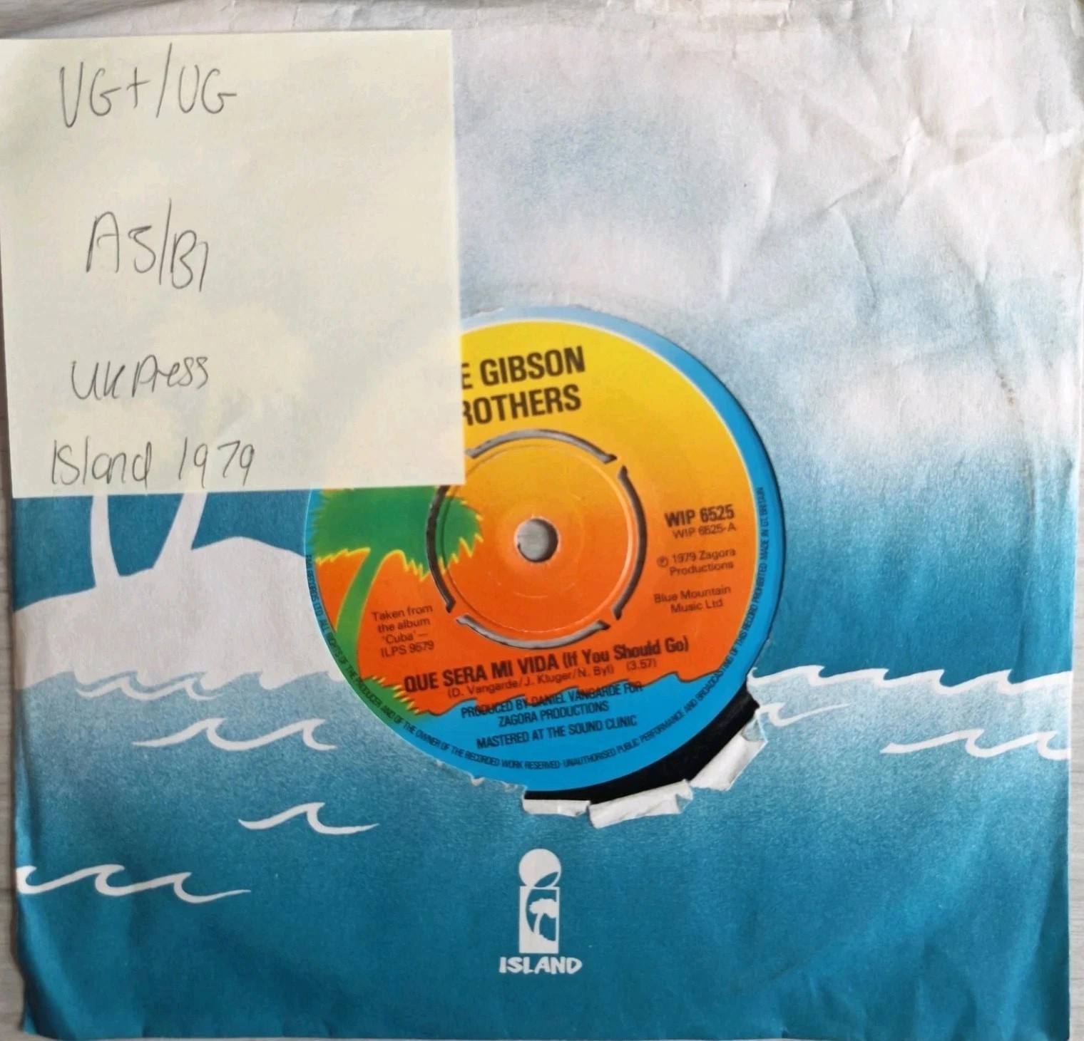 Gibson Brothers Que Sera Mi Vida Vinyl Record 7" VG+/VG WIP 6525 1979 vinyl record sleeve Gibson Brothers Que Sera Mi Vida Vinyl Record 7" VG+/VG WIP 6525 1979 vinyl record sleeve