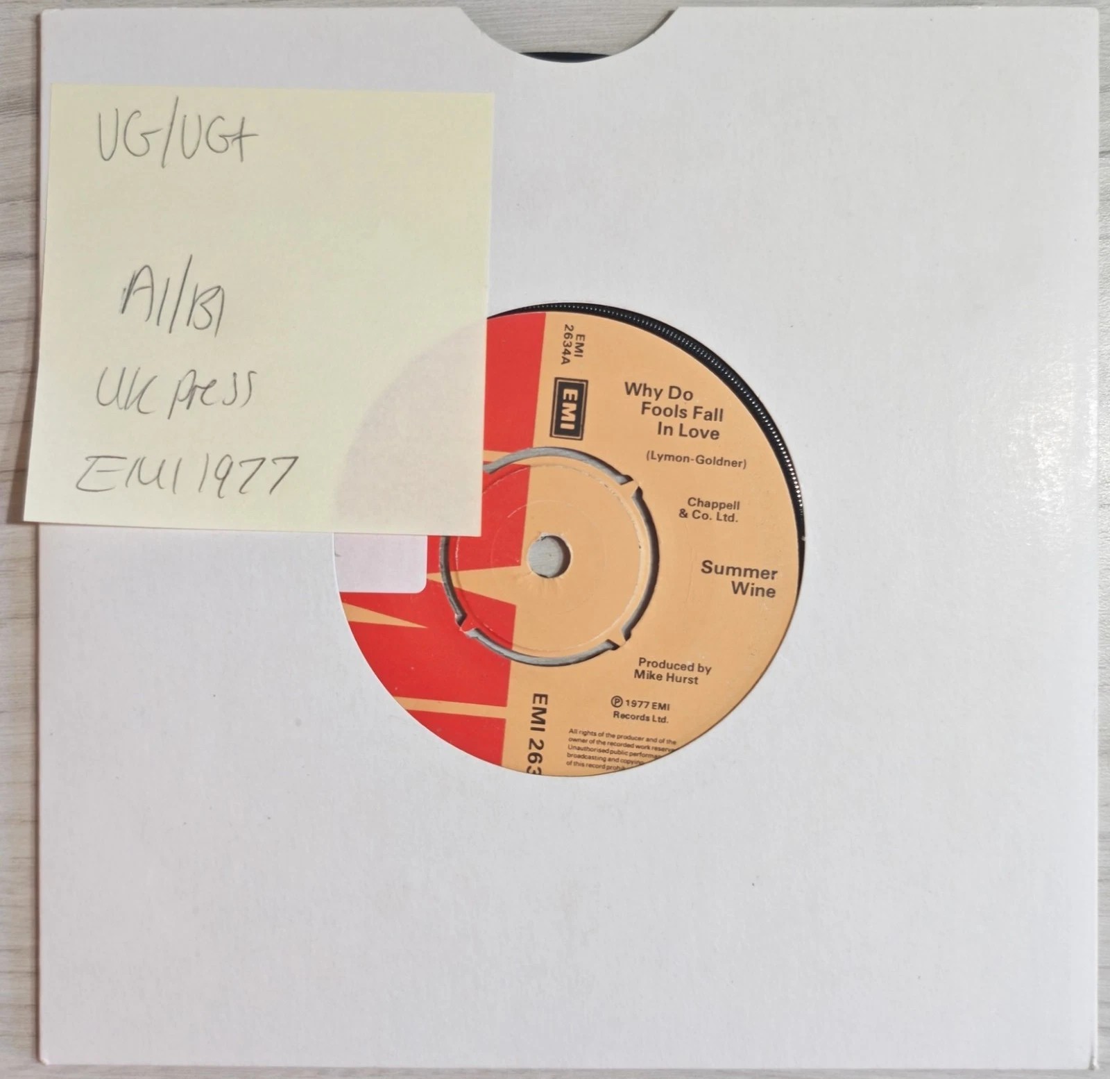 Summer Wine Why Do Fools Fall In Love Vinyl Record 7" VG/VG+ EMI 2634 1977 vinyl record sleeve Summer Wine Why Do Fools Fall In Love Vinyl Record 7" VG/VG+ EMI 2634 1977 vinyl record sleeve