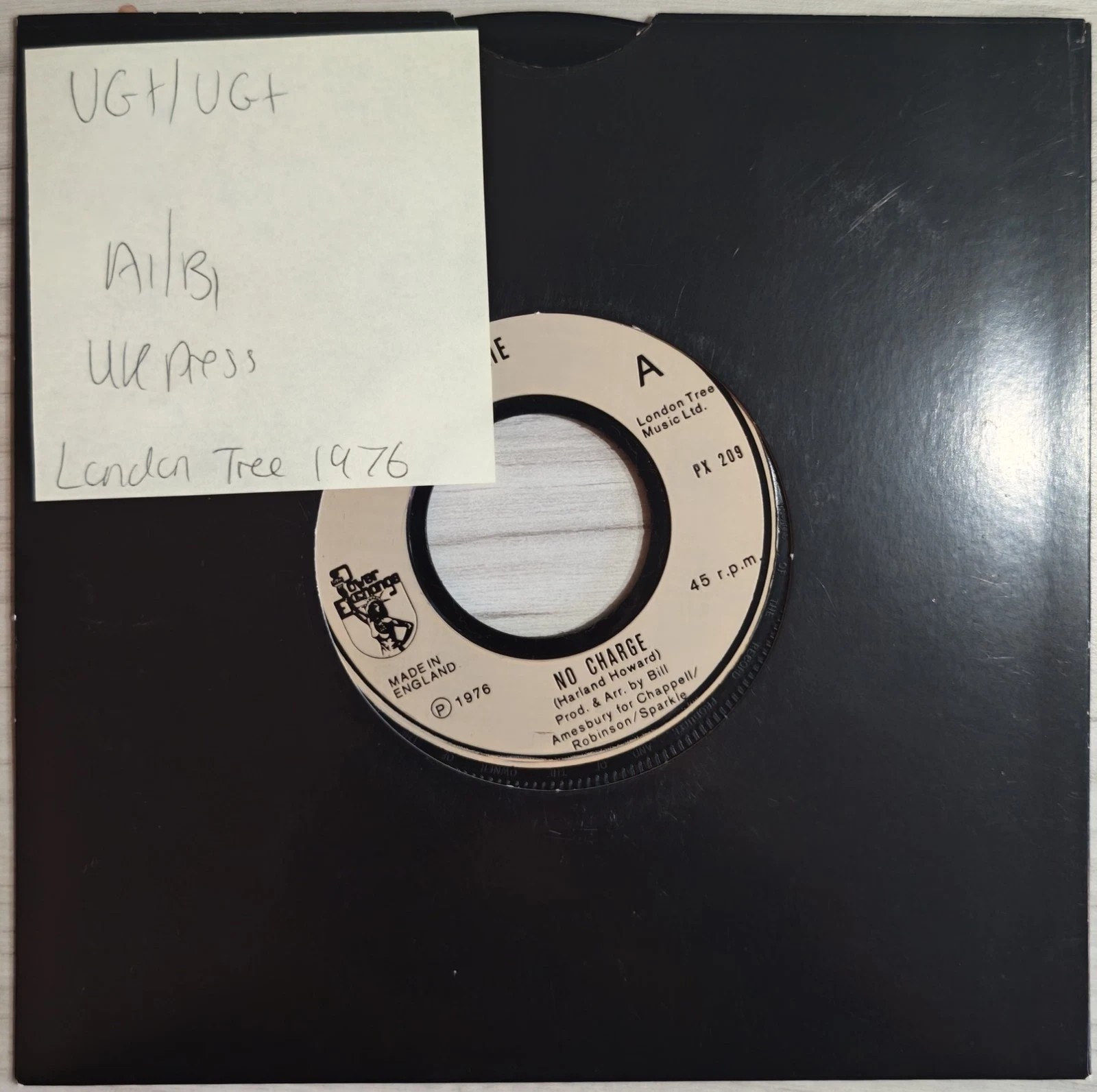 J.J. Barrie No Charge Vinyl Record 7" VG+/VG+ PX 209 1976 vinyl record sleeve J.J. Barrie No Charge Vinyl Record 7" VG+/VG+ PX 209 1976 vinyl record sleeve