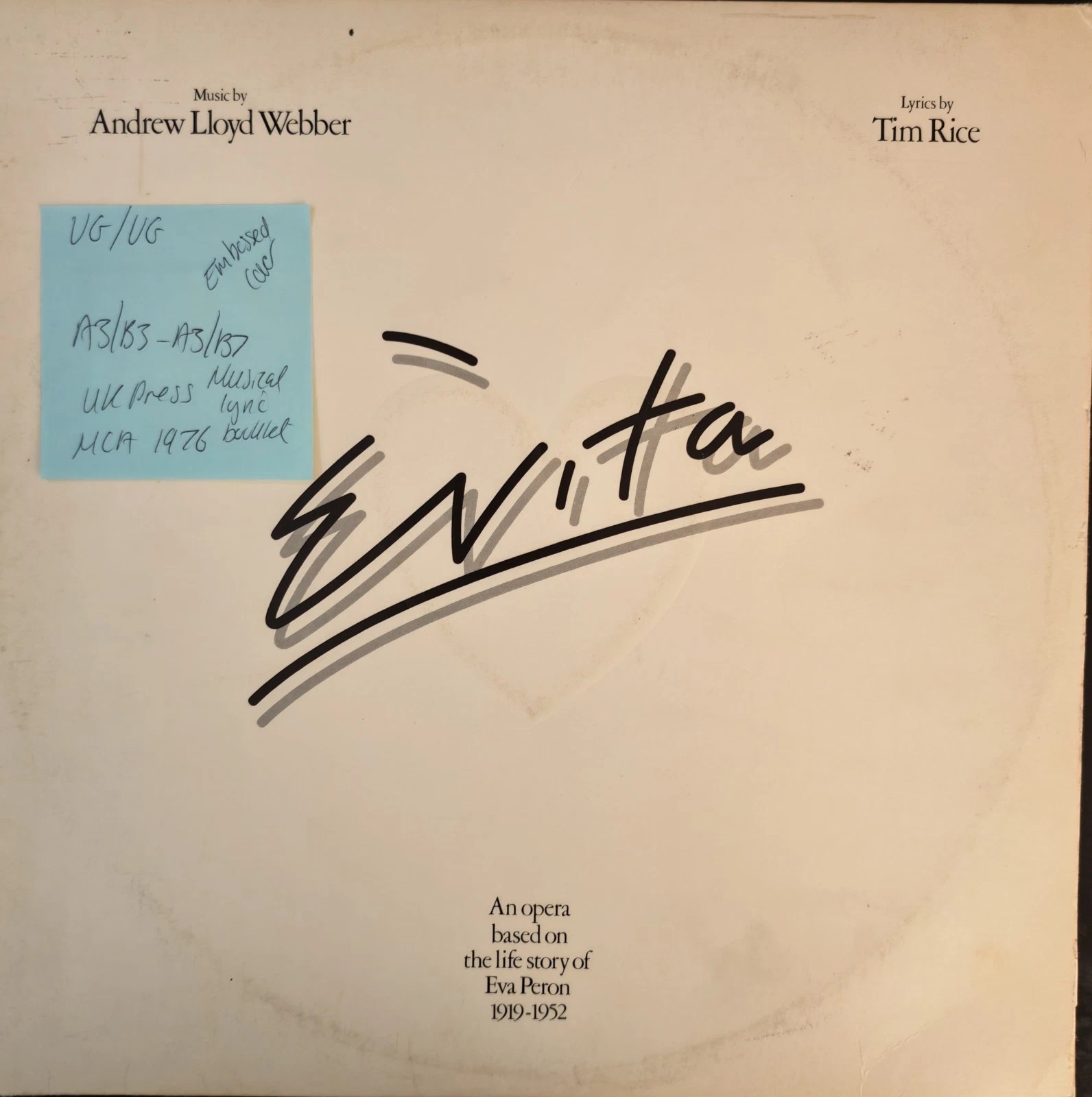 Andrew Lloyd Webber And Tim Rice Evita Vinyl Record 2LP VG/VG MCX 503 1976 vinyl record sleeve Andrew Lloyd Webber And Tim Rice Evita Vinyl Record 2LP VG/VG MCX 503 1976 vinyl record sleeve