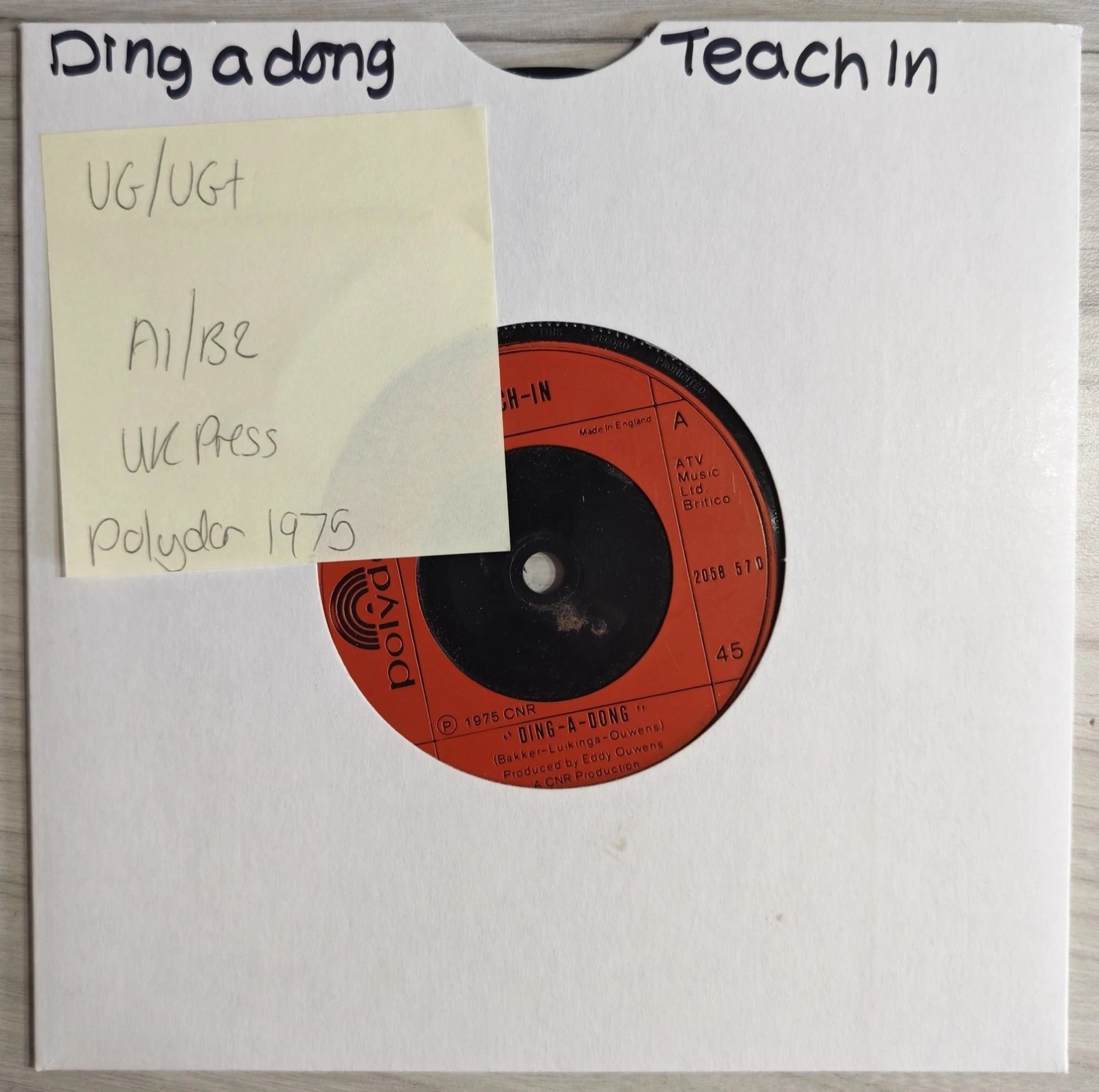 Teach-In Ding-A-Dong Vinyl Record 7" VG/VG+ 2058 570 1975 vinyl record sleeve Teach-In Ding-A-Dong Vinyl Record 7" VG/VG+ 2058 570 1975 vinyl record sleeve