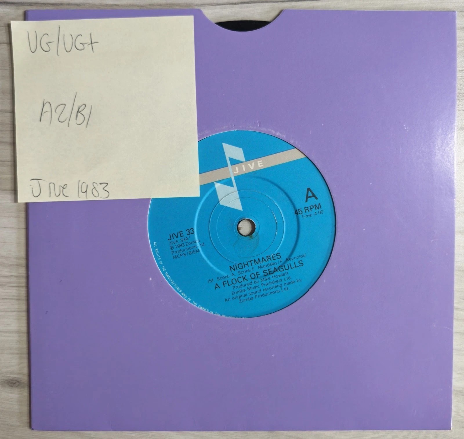 A Flock Of Seagulls Nightmares Vinyl Record 7" VG/VG+ JIVE 33 1983 vinyl record sleeve A Flock Of Seagulls Nightmares Vinyl Record 7" VG/VG+ JIVE 33 1983 vinyl record sleeve