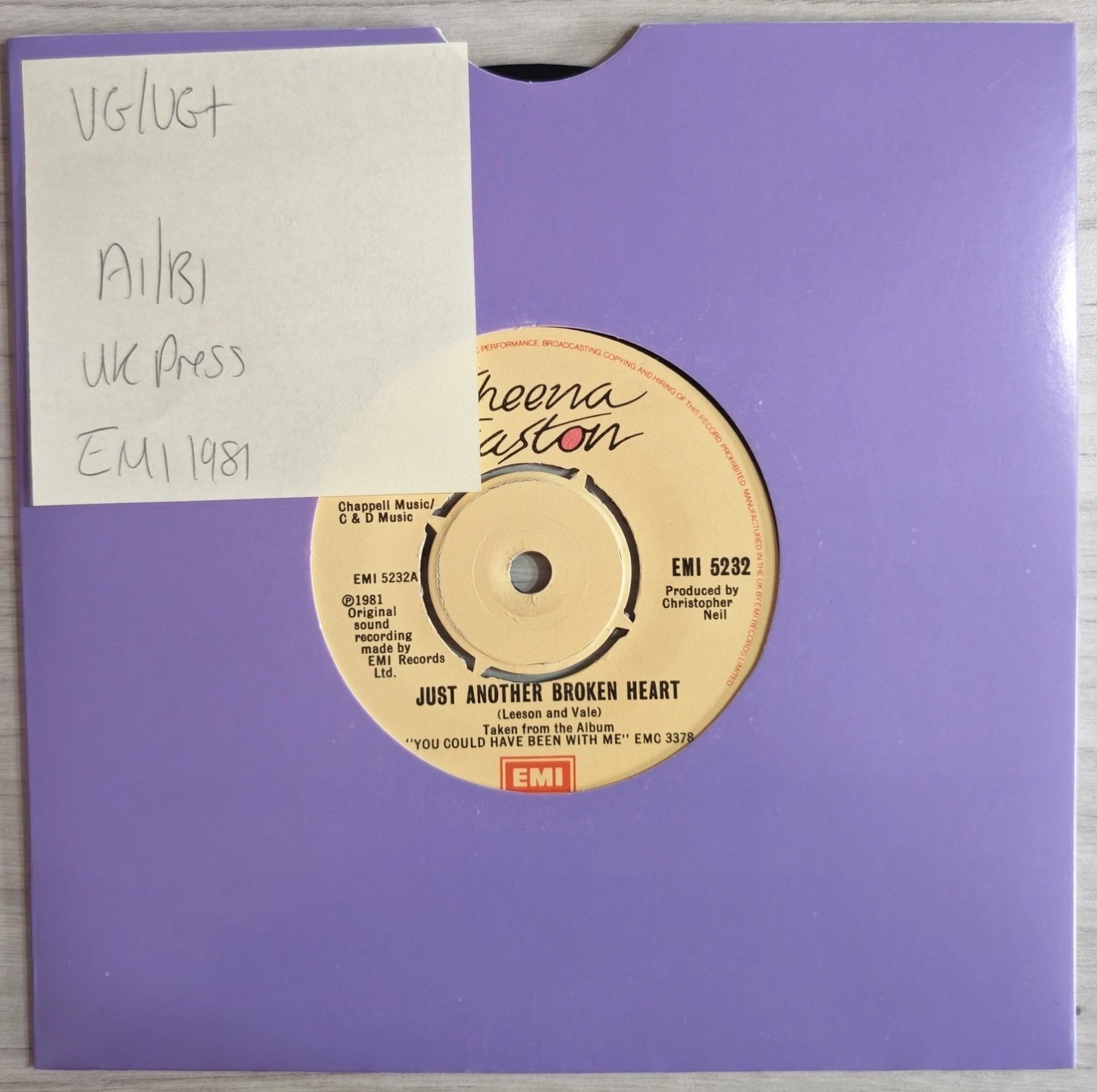Sheena Easton Just Another Broken Heart Vinyl Record 7" VG/VG+ EMI 5232 1981 vinyl record sleeve Sheena Easton Just Another Broken Heart Vinyl Record 7" VG/VG+ EMI 5232 1981 vinyl record sleeve
