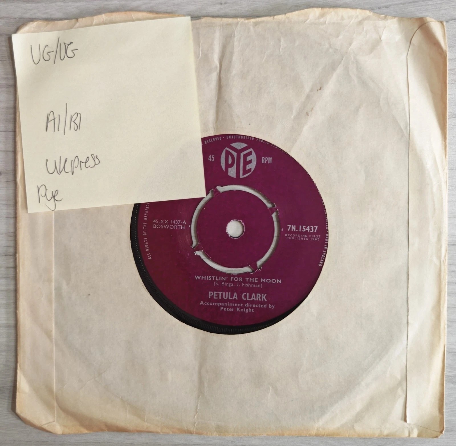 Petula Clark Whistlin' For The Moon Vinyl Record 7" VG/VG 7N 15437 1962 vinyl record sleeve Petula Clark Whistlin' For The Moon Vinyl Record 7" VG/VG 7N 15437 1962 vinyl record sleeve