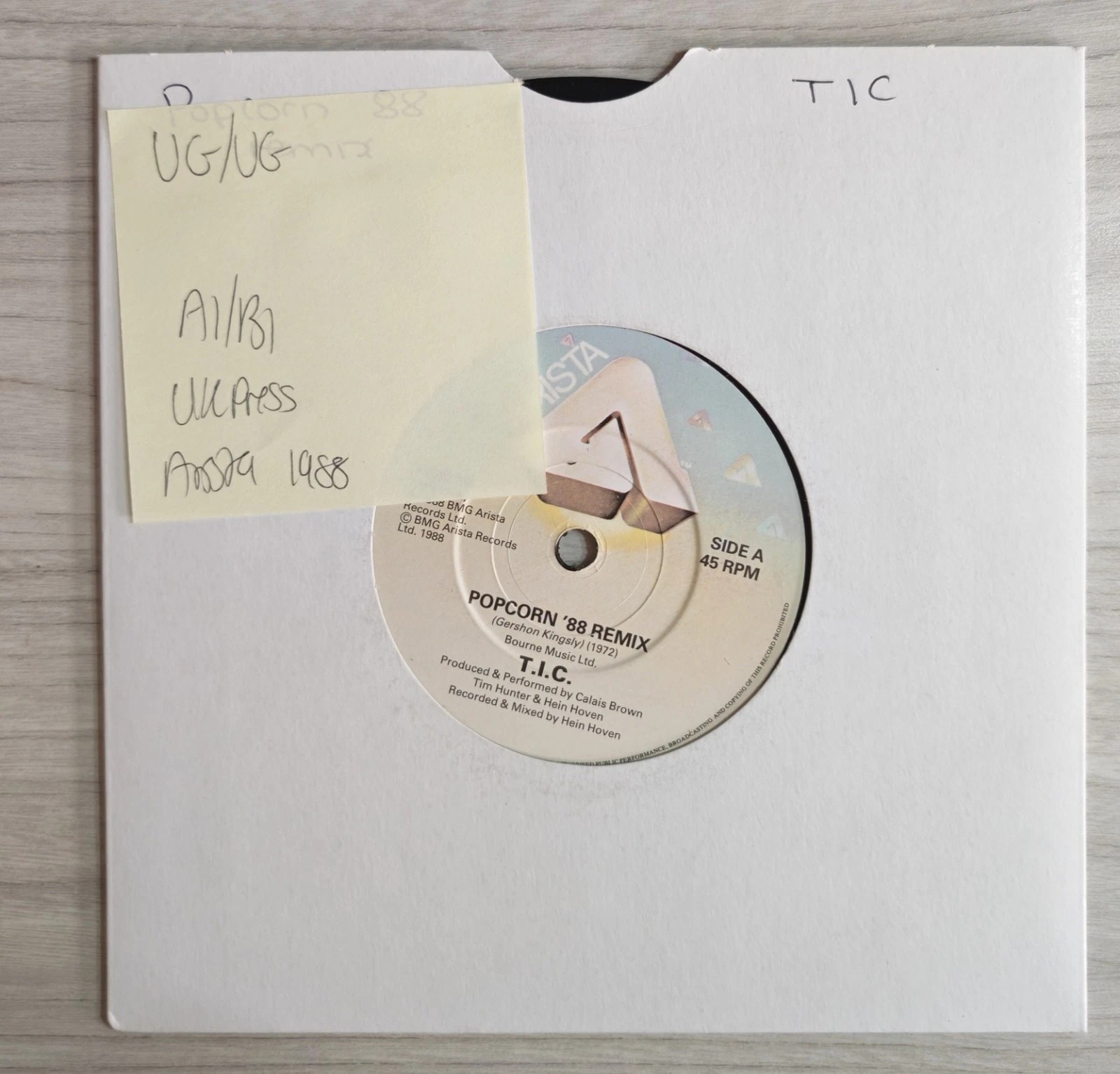 T.I.C. Popcorn '88 (Remix) Vinyl Record 7" VG/VG TICK 1R 1988 vinyl record sleeve T.I.C. Popcorn '88 (Remix) Vinyl Record 7" VG/VG TICK 1R 1988 vinyl record sleeve