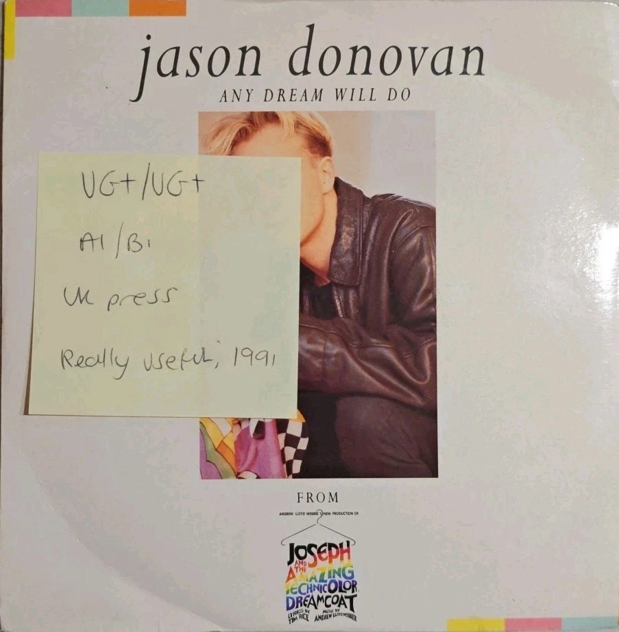 Jason Donovan Any Dream Will Do /Close Every Door Vinyl Record VG+/VG+ RUR7 1991 vinyl record sleeve Jason Donovan Any Dream Will Do /Close Every Door Vinyl Record VG+/VG+ RUR7 1991 vinyl record sleeve
