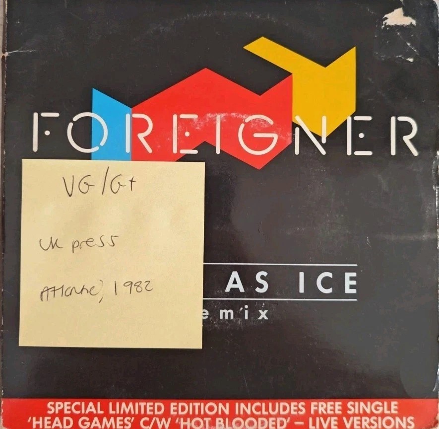 Foreigner Cold As Ice Vinyl Record VG/G+ A9539F 1985 vinyl record sleeve Foreigner Cold As Ice Vinyl Record VG/G+ A9539F 1985 vinyl record sleeve