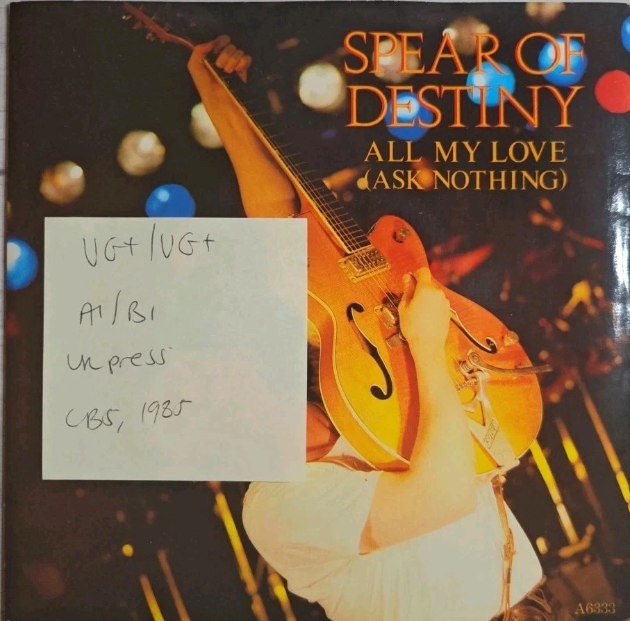Spear Of Destiny All My Love (Ask Nothing) Vinyl Record VG+/VG+ A6333 1985 vinyl record sleeve Spear Of Destiny All My Love (Ask Nothing) Vinyl Record VG+/VG+ A6333 1985 vinyl record sleeve