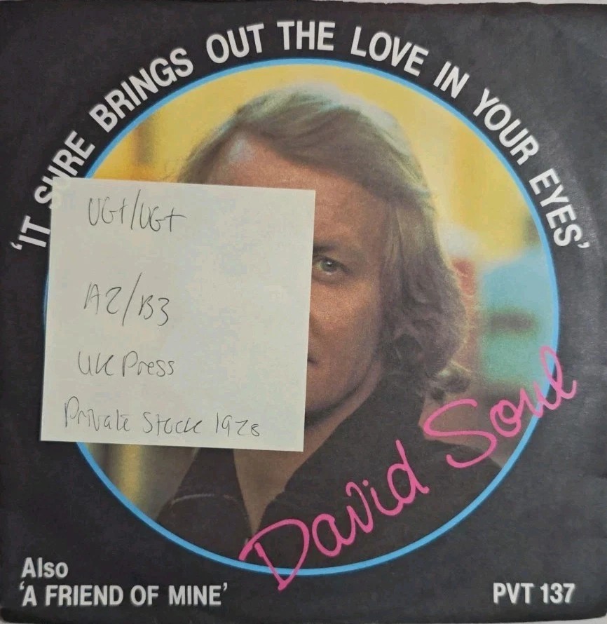 David Soul It Sure Brings Out the Love in Your Eyes Vinyl Record VG+/VG+ PVT 137 vinyl record sleeve David Soul It Sure Brings Out the Love in Your Eyes Vinyl Record VG+/VG+ PVT 137 vinyl record sleeve