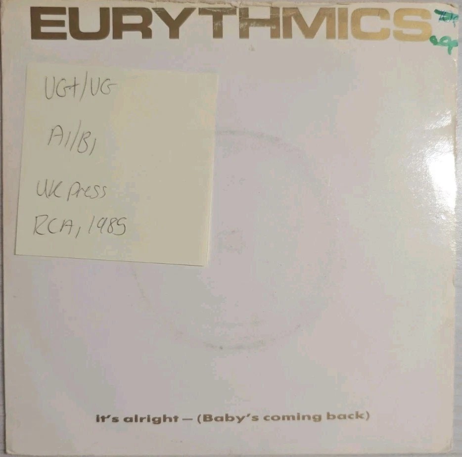 Eurythmics It's Alright (Baby's Coming Back) Vinyl Record VG+/VG PB 40375 1985 vinyl record sleeve Eurythmics It's Alright (Baby's Coming Back) Vinyl Record VG+/VG PB 40375 1985 vinyl record sleeve
