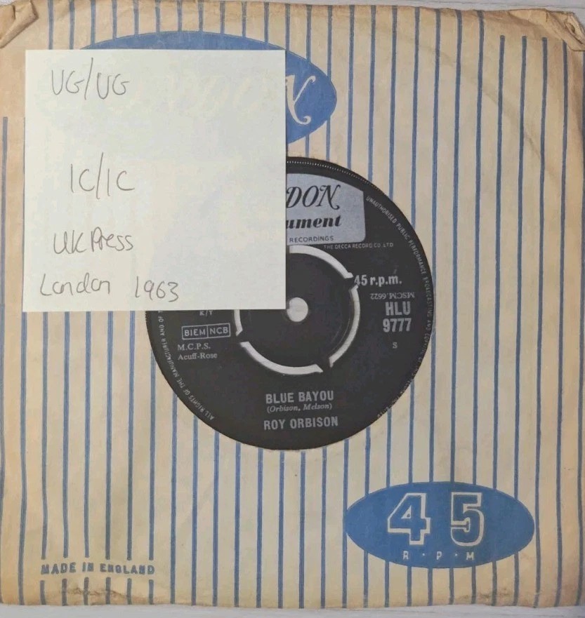 Roy Orbison Blue Bayou Vinyl Record VG/VG HLU 9777 1963 vinyl record sleeve Roy Orbison Blue Bayou Vinyl Record VG/VG HLU 9777 1963 vinyl record sleeve