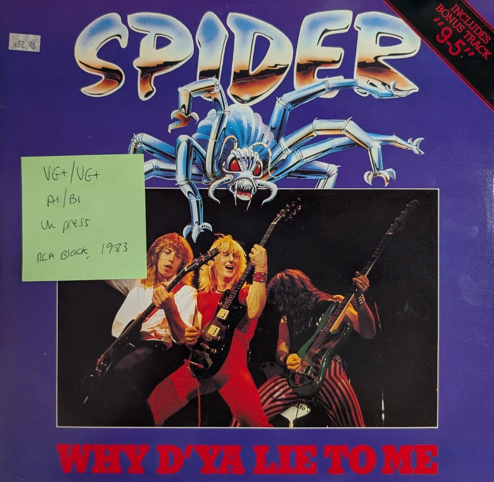 Spider Why D'ya Lie To Me Vinyl Record VG+/VG- RCALP3101 1982 vinyl record sleeve Spider Why D'ya Lie To Me Vinyl Record VG+/VG- RCALP3101 1982 vinyl record sleeve