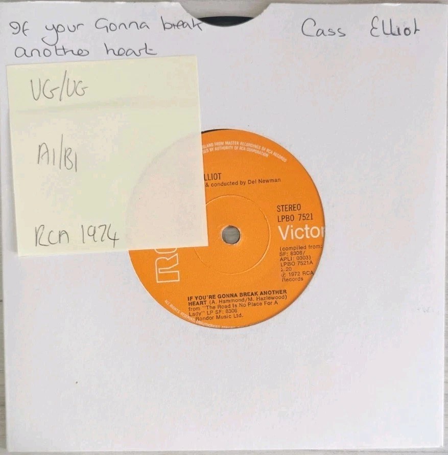 Cass Elliot If You're Gonna Break Another Heart Vinyl Record VG/VG LPBG7522 1974 vinyl record sleeve Cass Elliot If You're Gonna Break Another Heart Vinyl Record VG/VG LPBG7522 1974 vinyl record sleeve