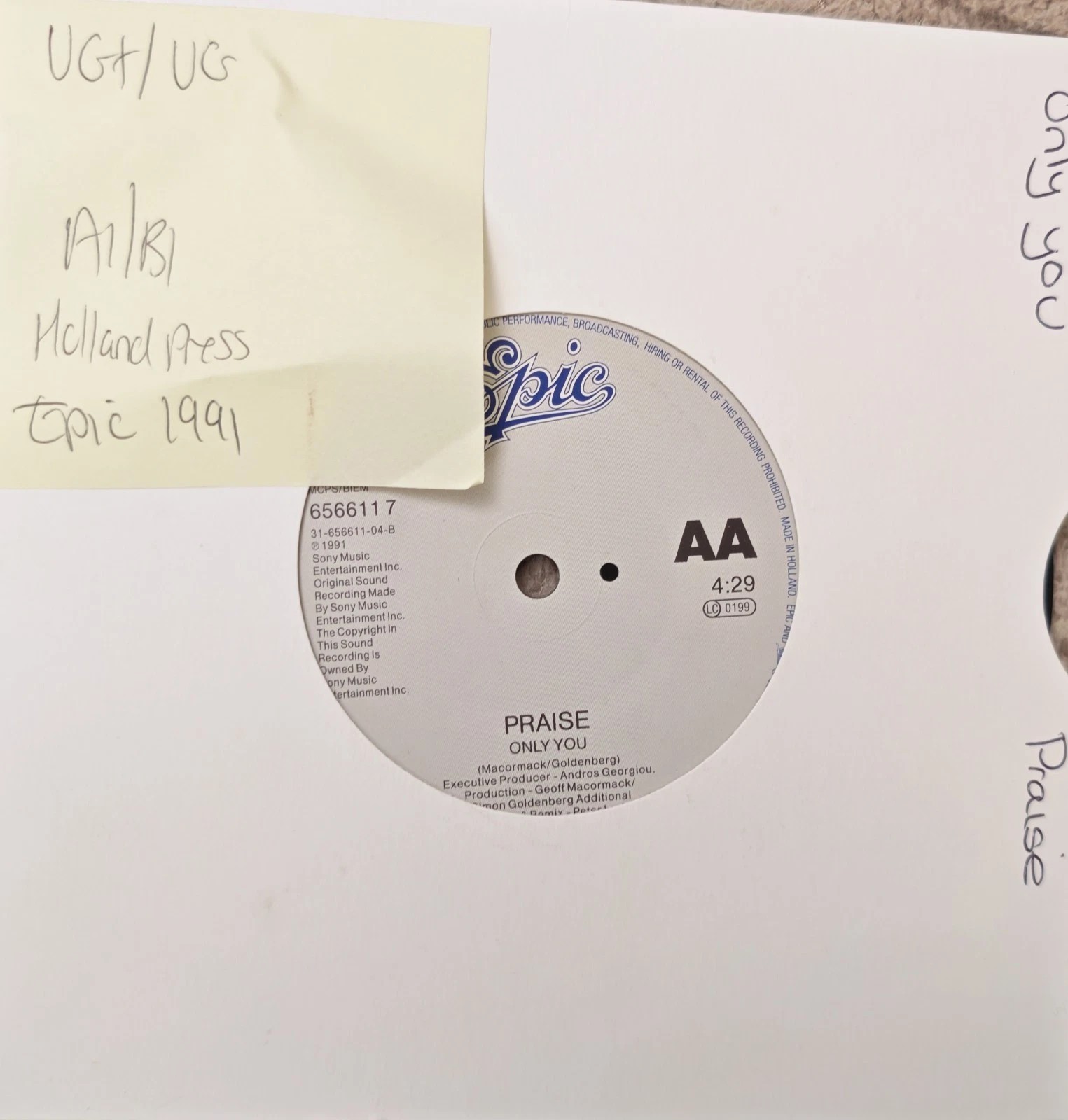 Praise Only You Vinyl Record VG+/VG 656611 1991 vinyl record sleeve Praise Only You Vinyl Record VG+/VG 656611 1991 vinyl record sleeve
