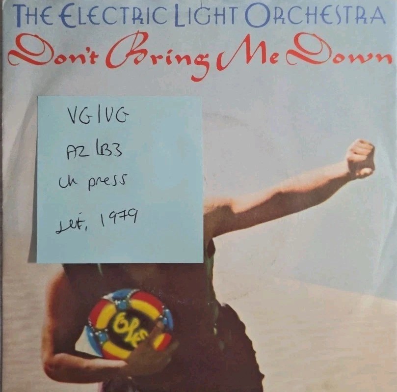 Electric Light Orchestra Don't Bring Me Down Vinyl Record 7" VG/VG JET 153 1979 vinyl record sleeve Electric Light Orchestra Don't Bring Me Down Vinyl Record 7" VG/VG JET 153 1979 vinyl record sleeve