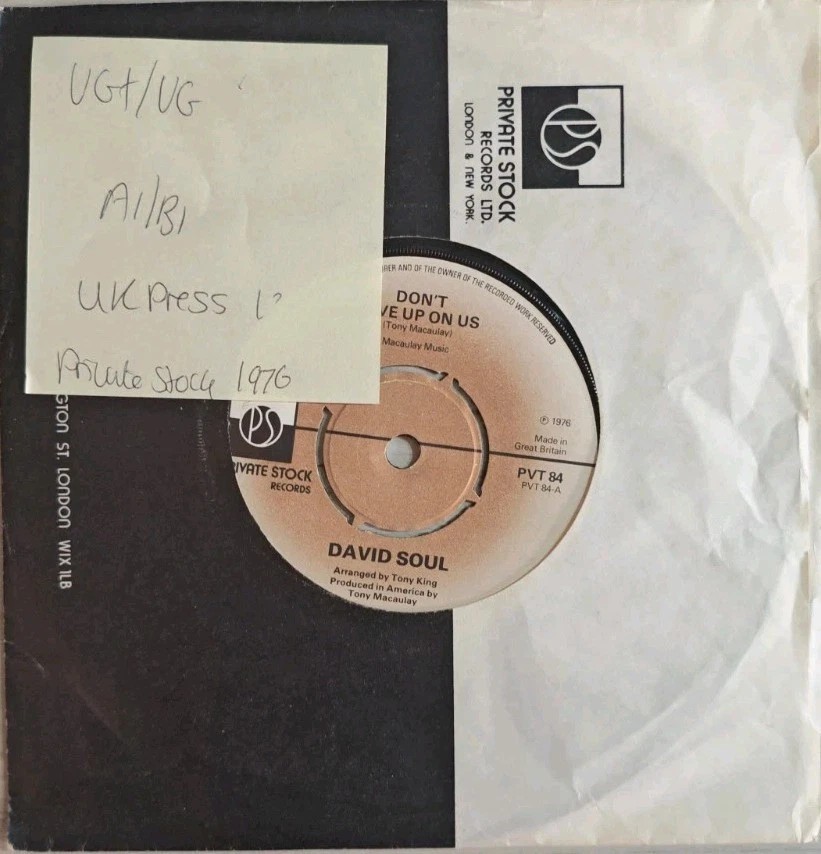 David Soul Don’t Give Up On Us / Black Bean Soup Vinyl Record VG+/VG PVT 84 1976 vinyl record sleeve David Soul Don’t Give Up On Us / Black Bean Soup Vinyl Record VG+/VG PVT 84 1976 vinyl record sleeve