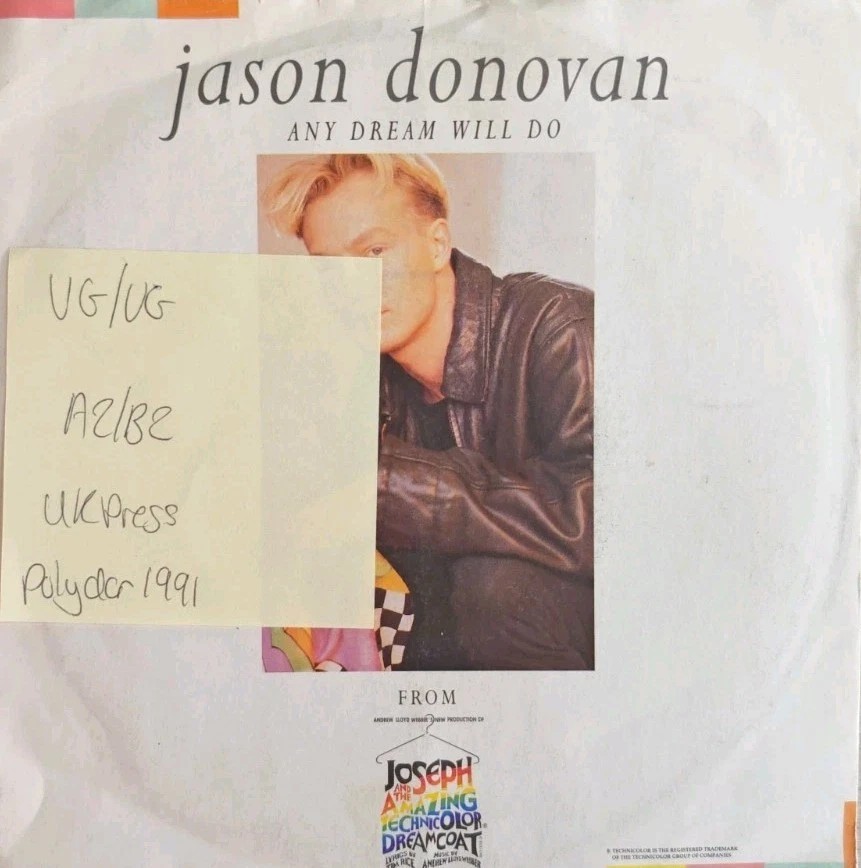 Jason Donovan Any Dream Will Do /Close Every Door Vinyl Record VG/VG RUR7 1991 vinyl record sleeve Jason Donovan Any Dream Will Do /Close Every Door Vinyl Record VG/VG RUR7 1991 vinyl record sleeve