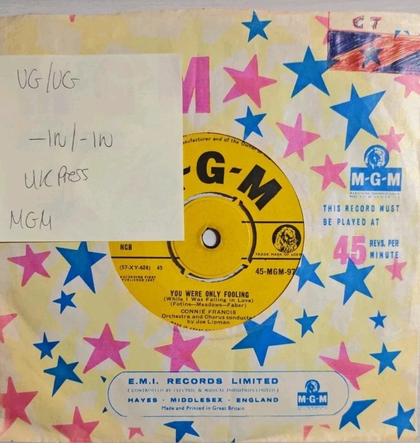 Connie Francis Who's Sorry Now/You Were Only Fooling Vinyl Record VG/VG MGM-975 vinyl record sleeve Connie Francis Who's Sorry Now/You Were Only Fooling Vinyl Record VG/VG MGM-975 vinyl record sleeve