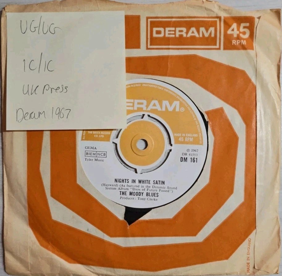 The Moody Blues Nights In White Satin / Cities Deram Vinyl Record VG/VG DM 161 vinyl record sleeve The Moody Blues Nights In White Satin / Cities Deram Vinyl Record VG/VG DM 161 vinyl record sleeve