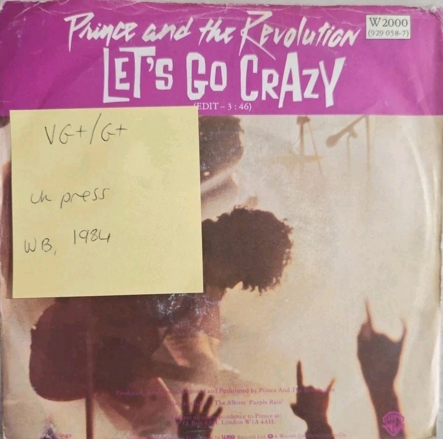 Prince And The Revolution Let's Go Crazy/Take Me Vinyl Record VG+/G+ W2000 1984 vinyl record sleeve Prince And The Revolution Let's Go Crazy/Take Me Vinyl Record VG+/G+ W2000 1984 vinyl record sleeve