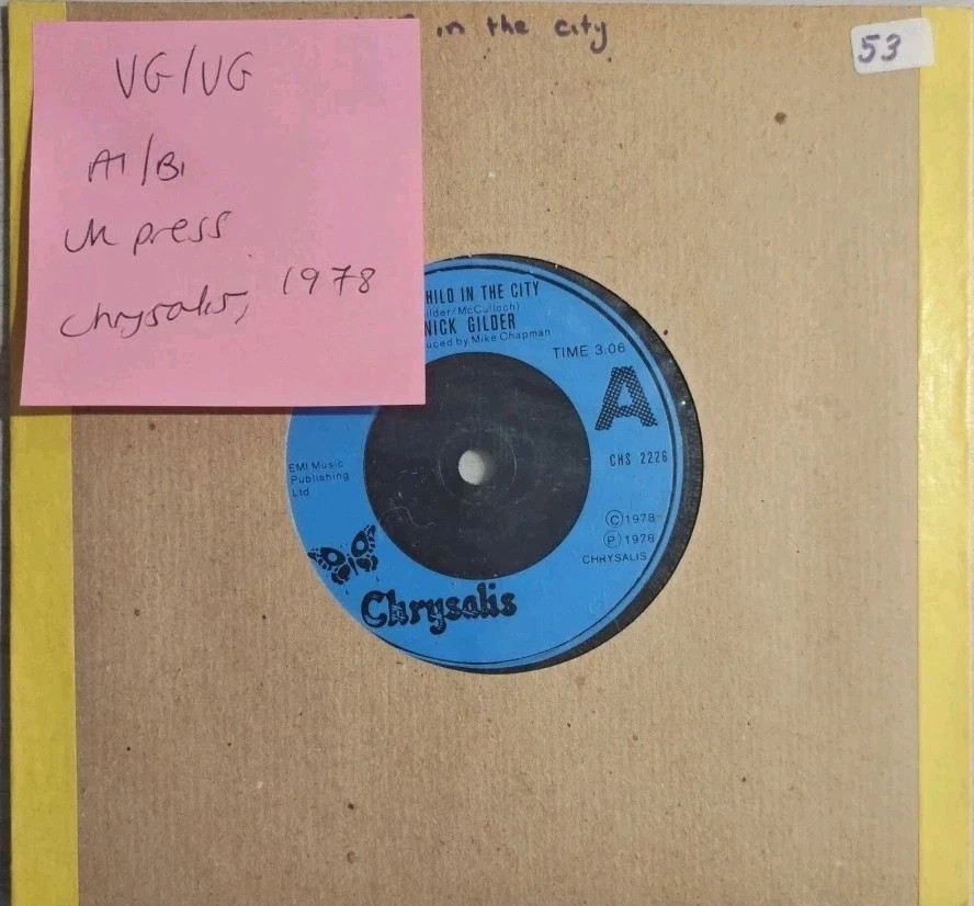Nick Gilder Hot Child In The City / Backstreet Noise Vinyl Record VG/VG CHS2226 vinyl record sleeve Nick Gilder Hot Child In The City / Backstreet Noise Vinyl Record VG/VG CHS2226 vinyl record sleeve
