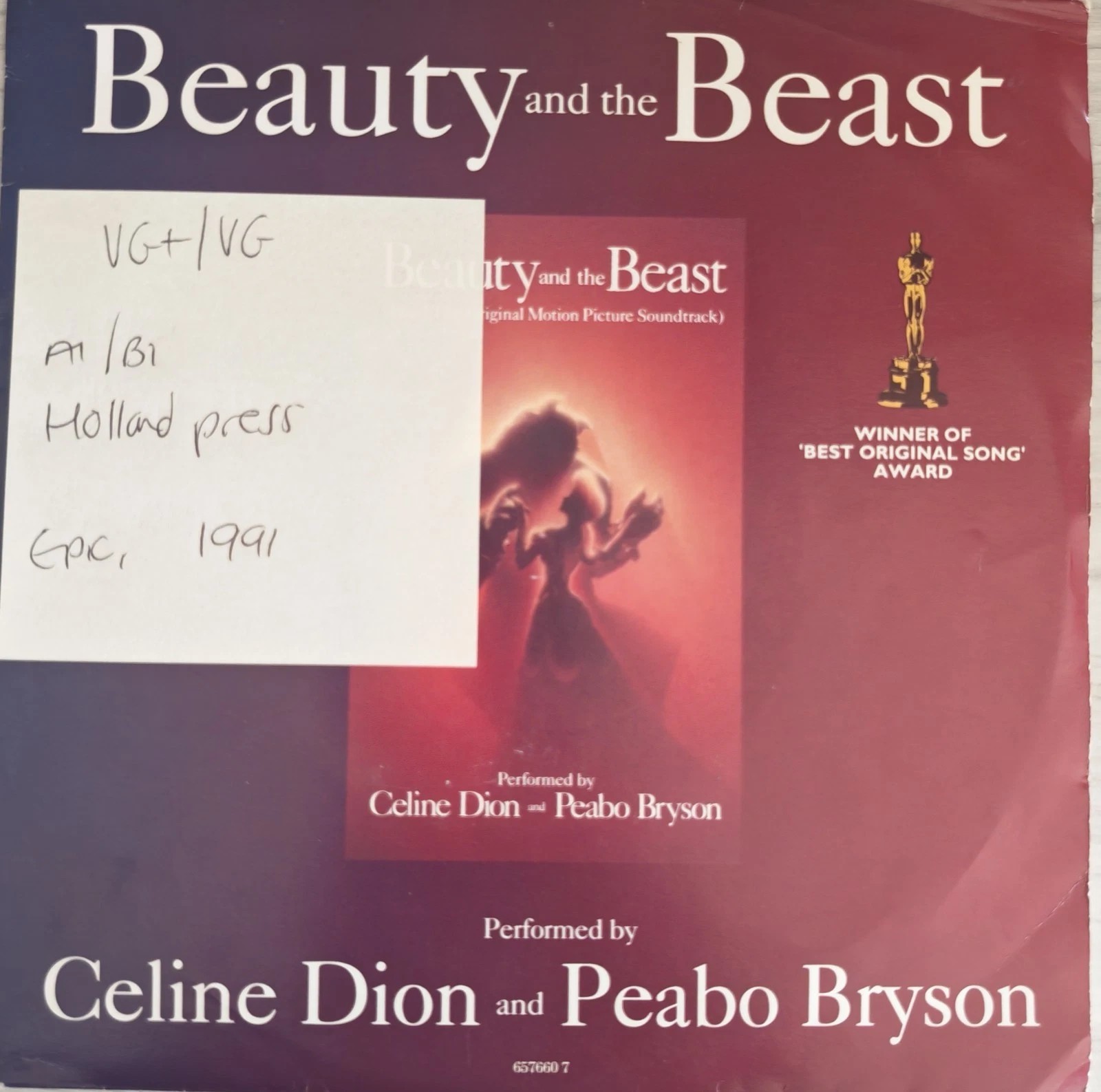 Céline Dion & Peabo Bryson Beauty And The Beast Vinyl Record VG+/VG 657660 1991 vinyl record sleeve Céline Dion & Peabo Bryson Beauty And The Beast Vinyl Record VG+/VG 657660 1991 vinyl record sleeve