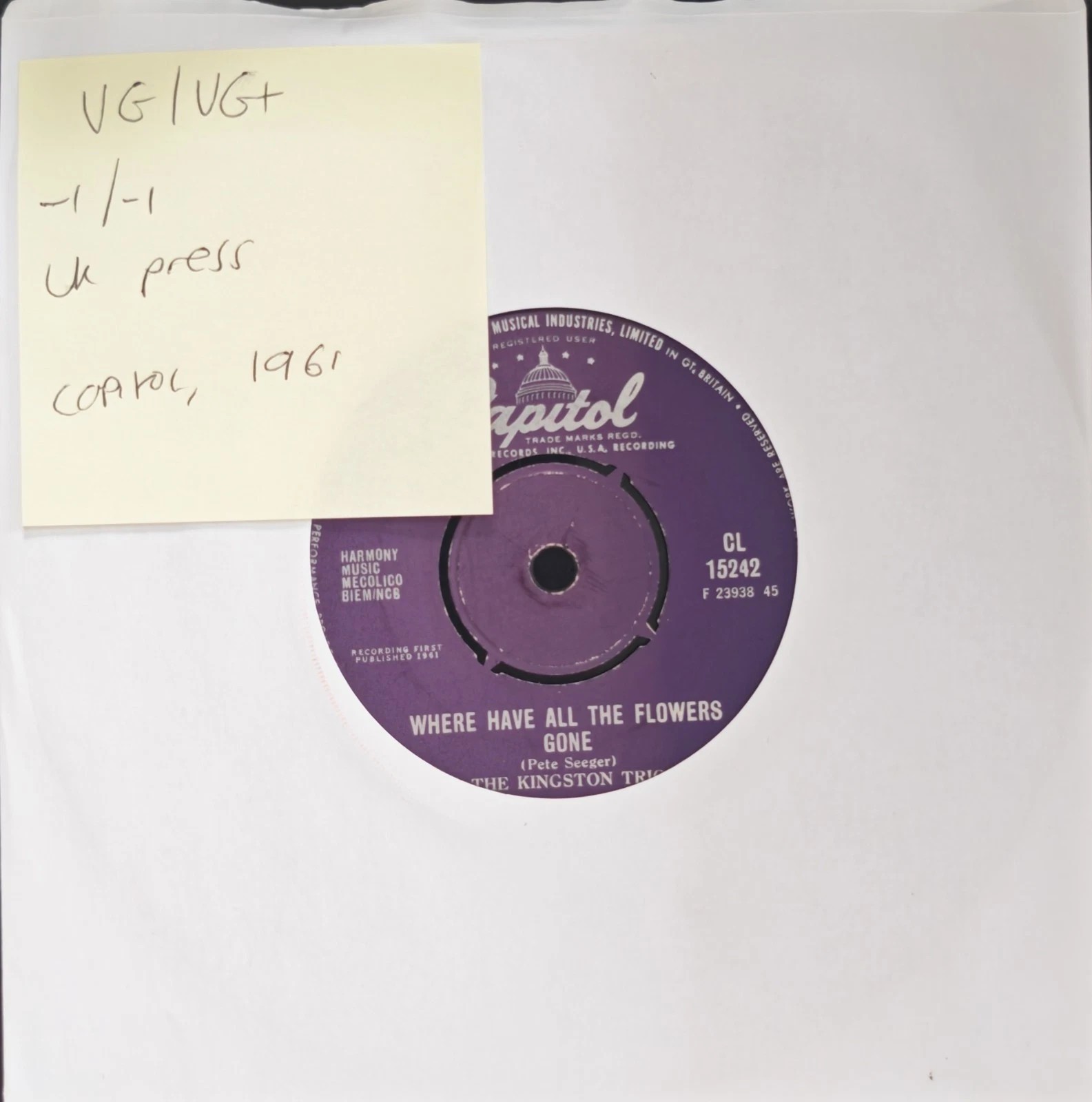 The Kingston Trio Where Have All The Flowers Gone Vinyl Record VG/VG+ CL 15242 vinyl record sleeve The Kingston Trio Where Have All The Flowers Gone Vinyl Record VG/VG+ CL 15242 vinyl record sleeve