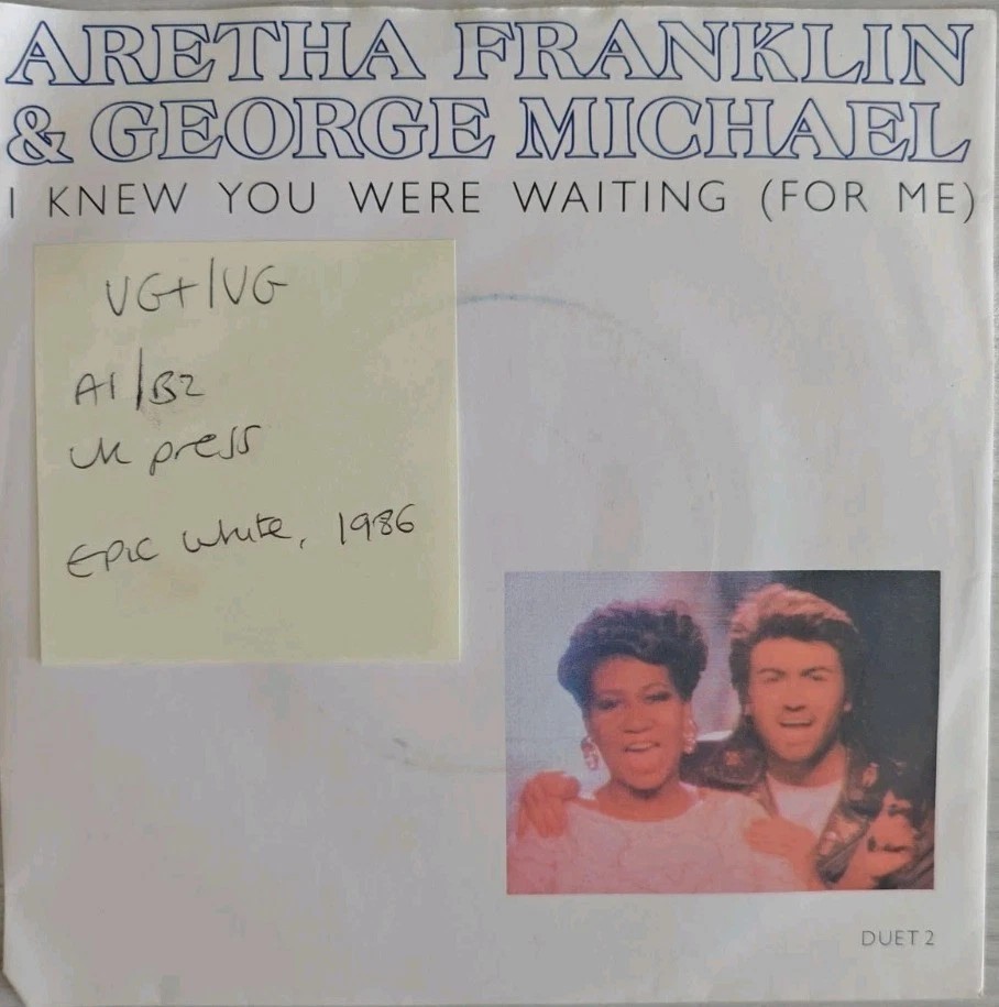 Aretha Franklin George Michael I Knew You Waiting Vinyl Record VG+/VG DUET2 1986 vinyl record sleeve Aretha Franklin George Michael I Knew You Waiting Vinyl Record VG+/VG DUET2 1986 vinyl record sleeve