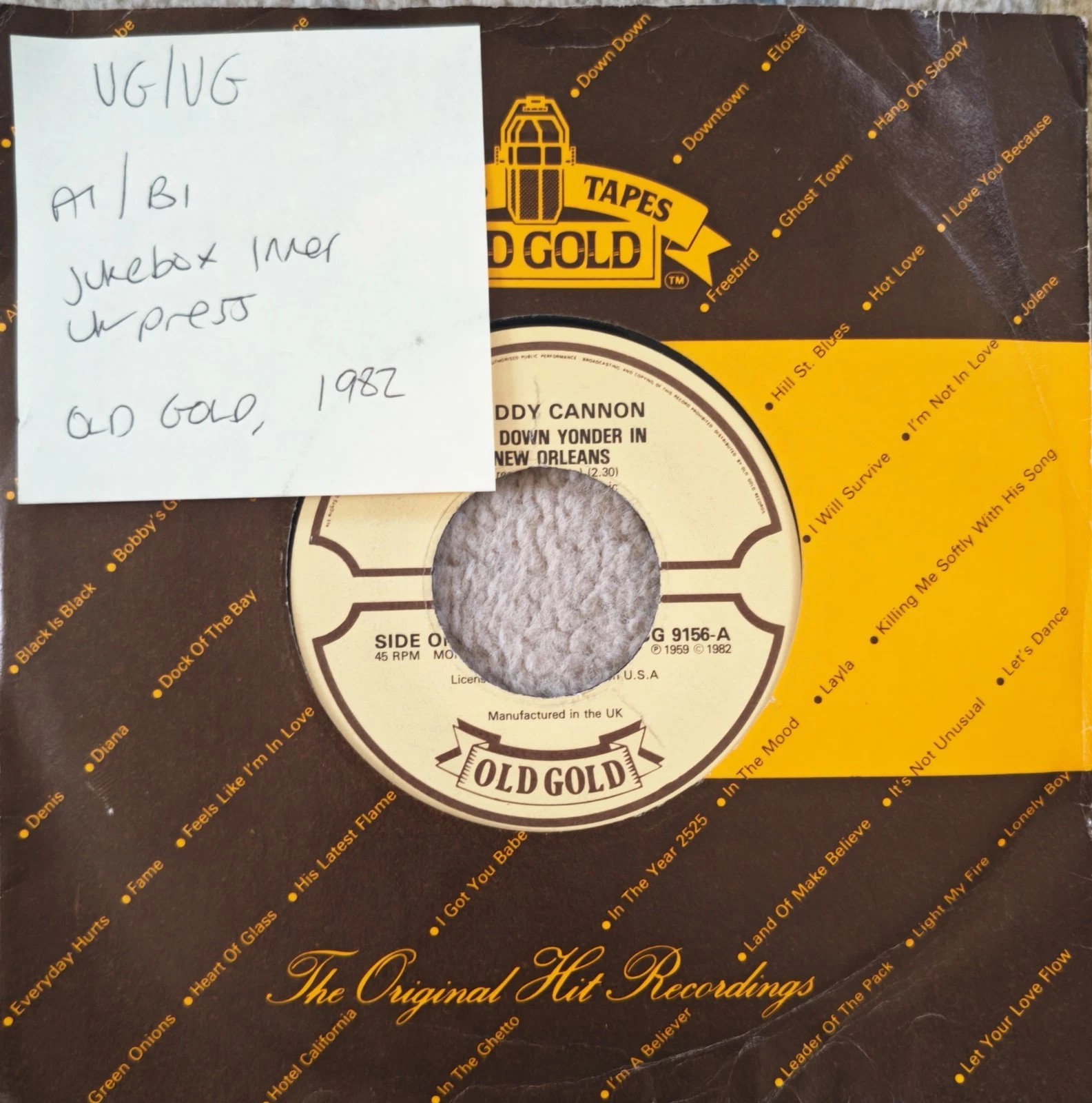 Freddie Cannon Way Down Yonder In New Orleans Vinyl Record VG/VG 45-JAR-247 1982 vinyl record sleeve Freddie Cannon Way Down Yonder In New Orleans Vinyl Record VG/VG 45-JAR-247 1982 vinyl record sleeve