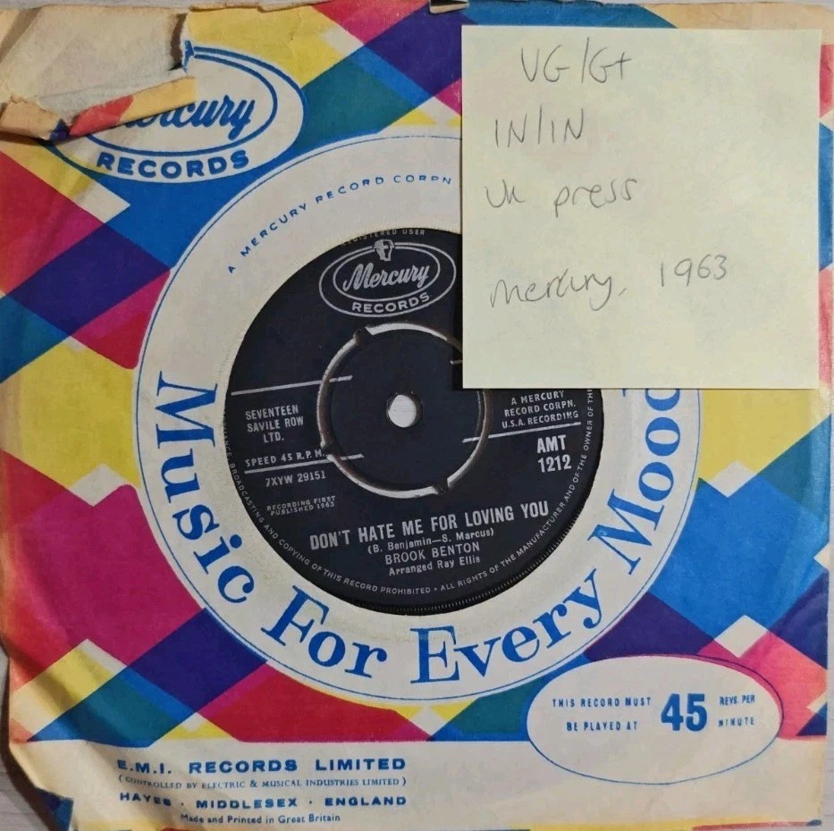Brook Benton Two Tickets To Paradise / Don't Hate Me Vinyl Record VG/G+ AMT1212 vinyl record sleeve Brook Benton Two Tickets To Paradise / Don't Hate Me Vinyl Record VG/G+ AMT1212 vinyl record sleeve