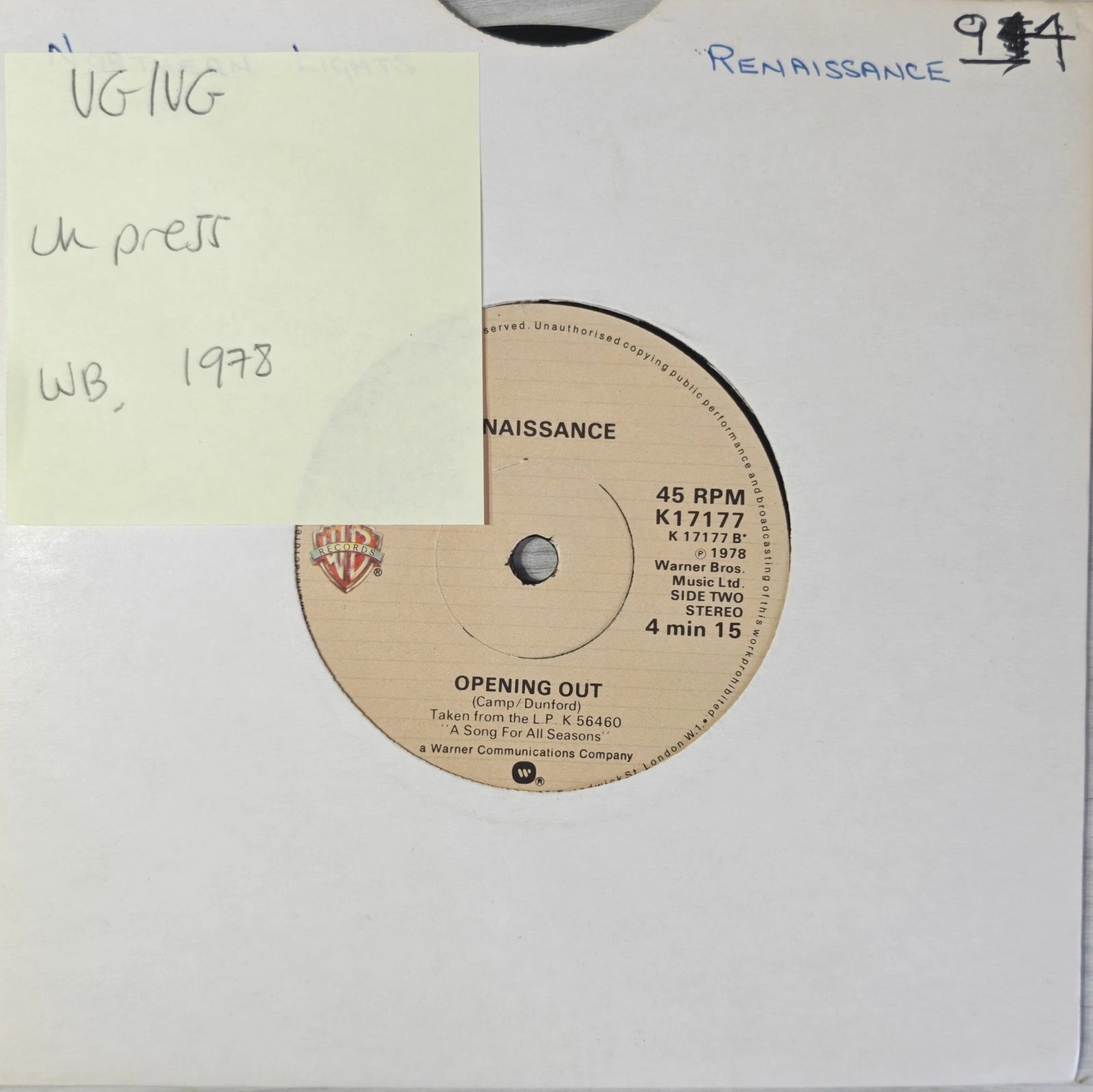 Renaissance Northern Lights Vinyl Record VG/VG K 17177 VG+ vinyl record sleeve Renaissance Northern Lights Vinyl Record VG/VG K 17177 VG+ vinyl record sleeve