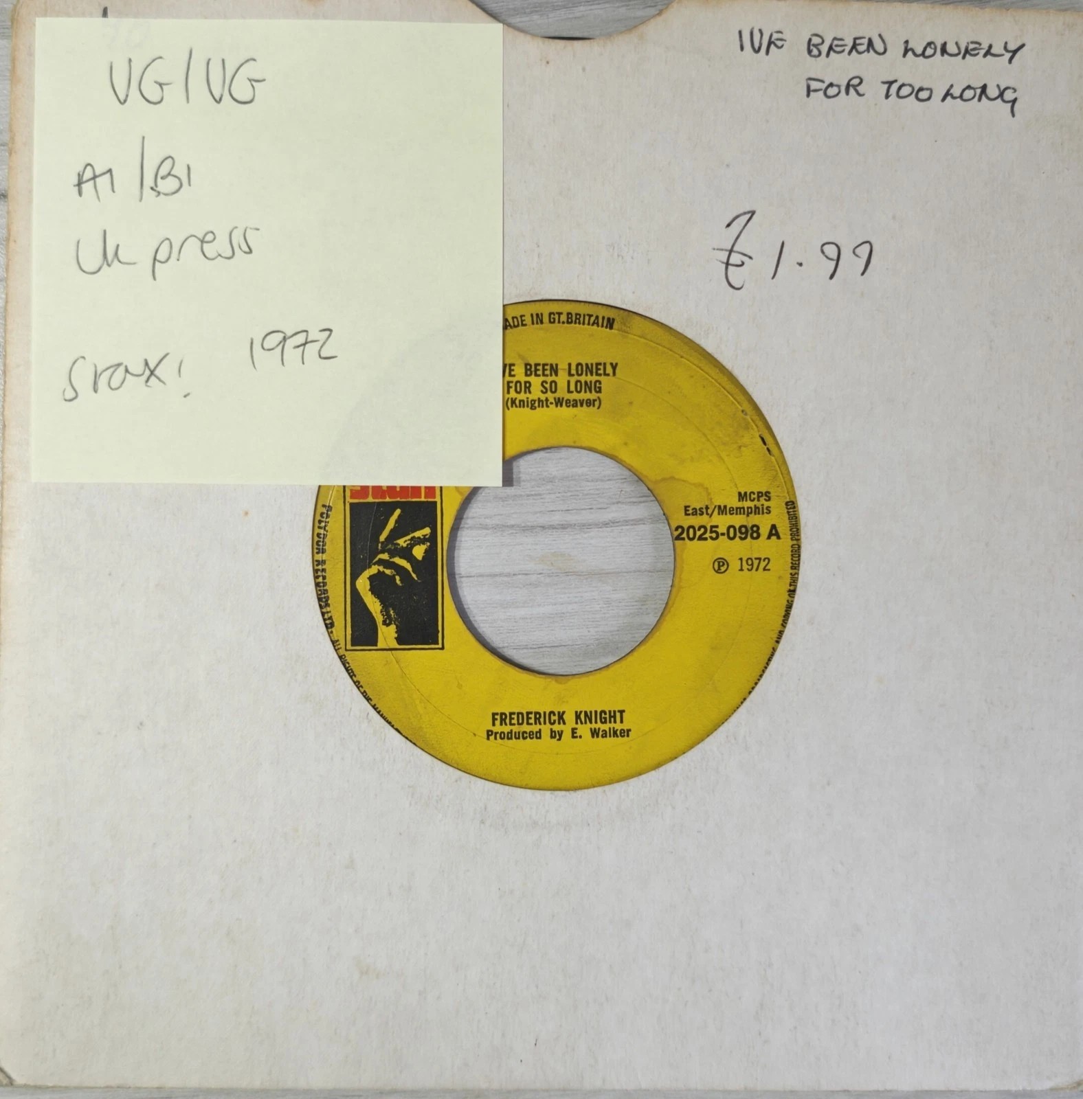 Frederick Knight I've Been Lonely For So Long Vinyl Record VG/VG 2025-098 1972 vinyl record sleeve Frederick Knight I've Been Lonely For So Long Vinyl Record VG/VG 2025-098 1972 vinyl record sleeve