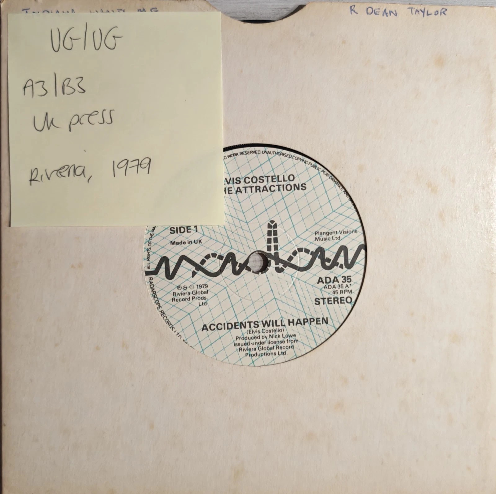 Elvis Costello & The Attractions Accidents Will Happen Vinyl Record VG/VG ADA35 vinyl record sleeve Elvis Costello & The Attractions Accidents Will Happen Vinyl Record VG/VG ADA35 vinyl record sleeve