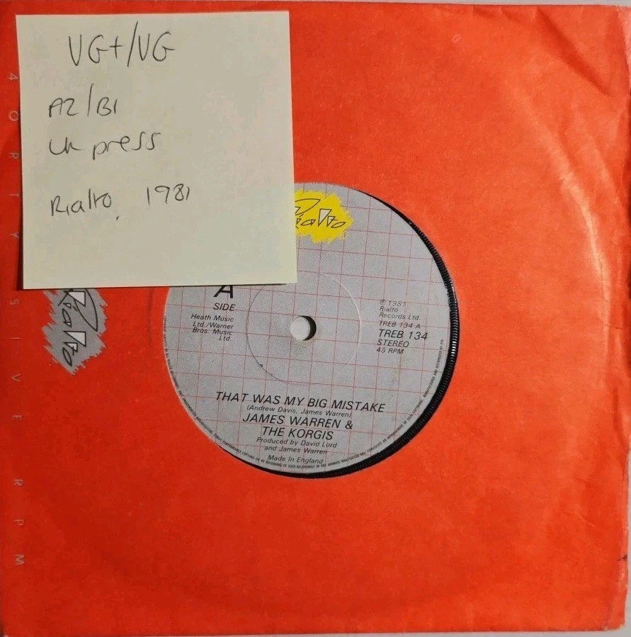 James Warren & The Korgis That Was My Big Mistake Vinyl Record VG+/VG TREB 134 vinyl record sleeve James Warren & The Korgis That Was My Big Mistake Vinyl Record VG+/VG TREB 134 vinyl record sleeve